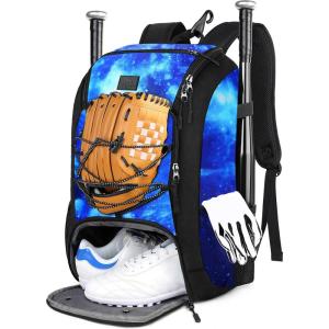 imageMATEIN Baseball Backpack Softball Bat Bag with Shoes Compartment for Youth Boys and Adult Lightweight Baseball Bag with Fence Hook Hold TBall Bat Batting Mitten Helmet Caps Teeball GearGalaxy Blue