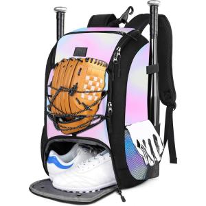 imageMATEIN Baseball Backpack Softball Bat Bag with Shoes Compartment for Youth Boys and Adult Lightweight Baseball Bag with Fence Hook Hold TBall Bat Batting Mitten Helmet Caps Teeball GearTie Dye