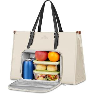 imageMATEIN Womens Work Bag with Lunch Compartment 156 Inch PU Leather Laptop Handbags with Insulated Pocket Waterproof Large Office Bag for Work Purple Lunch Tote Purse for Teacher Nurse GiftWhite