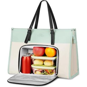 imageMATEIN Womens Work Bag with Lunch Compartment 156 Inch PU Leather Laptop Handbags with Insulated Pocket Waterproof Large Office Bag for Work Purple Lunch Tote Purse for Teacher Nurse GiftPale Green