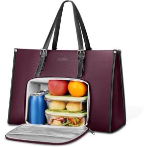 imageMATEIN Womens Work Bag with Lunch Compartment 156 Inch PU Leather Laptop Handbags with Insulated Pocket Waterproof Large Office Bag for Work Purple Lunch Tote Purse for Teacher Nurse GiftPurple