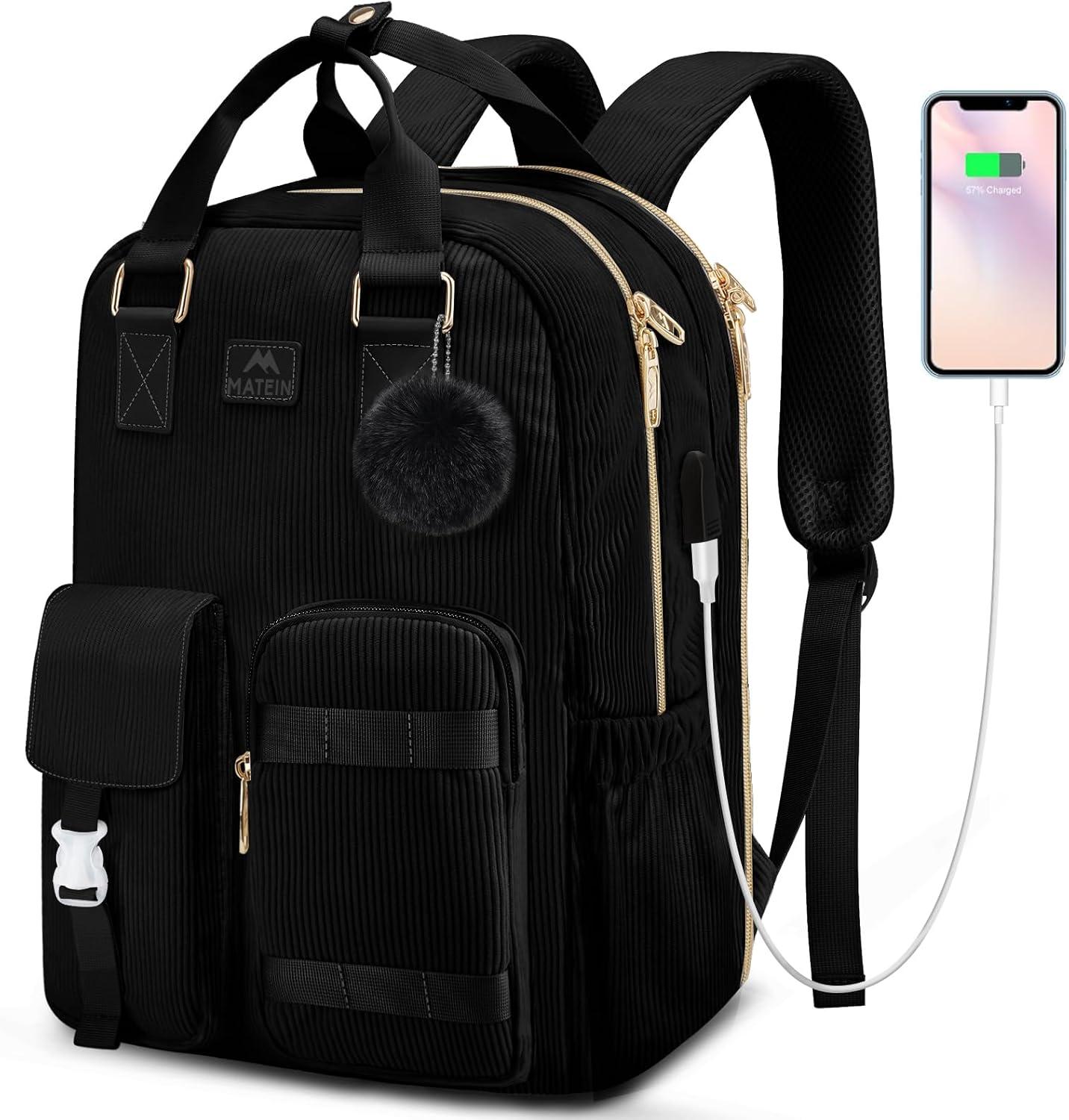 imageMATEIN 156 Laptop Backpack for Women Cute Corduroy Computer College Backpack with USB Charging Port TSA Lightweight Aesthetic Back Pack Travel Laptop Daypack for Work Nurse Teacher Gift BlueBlack