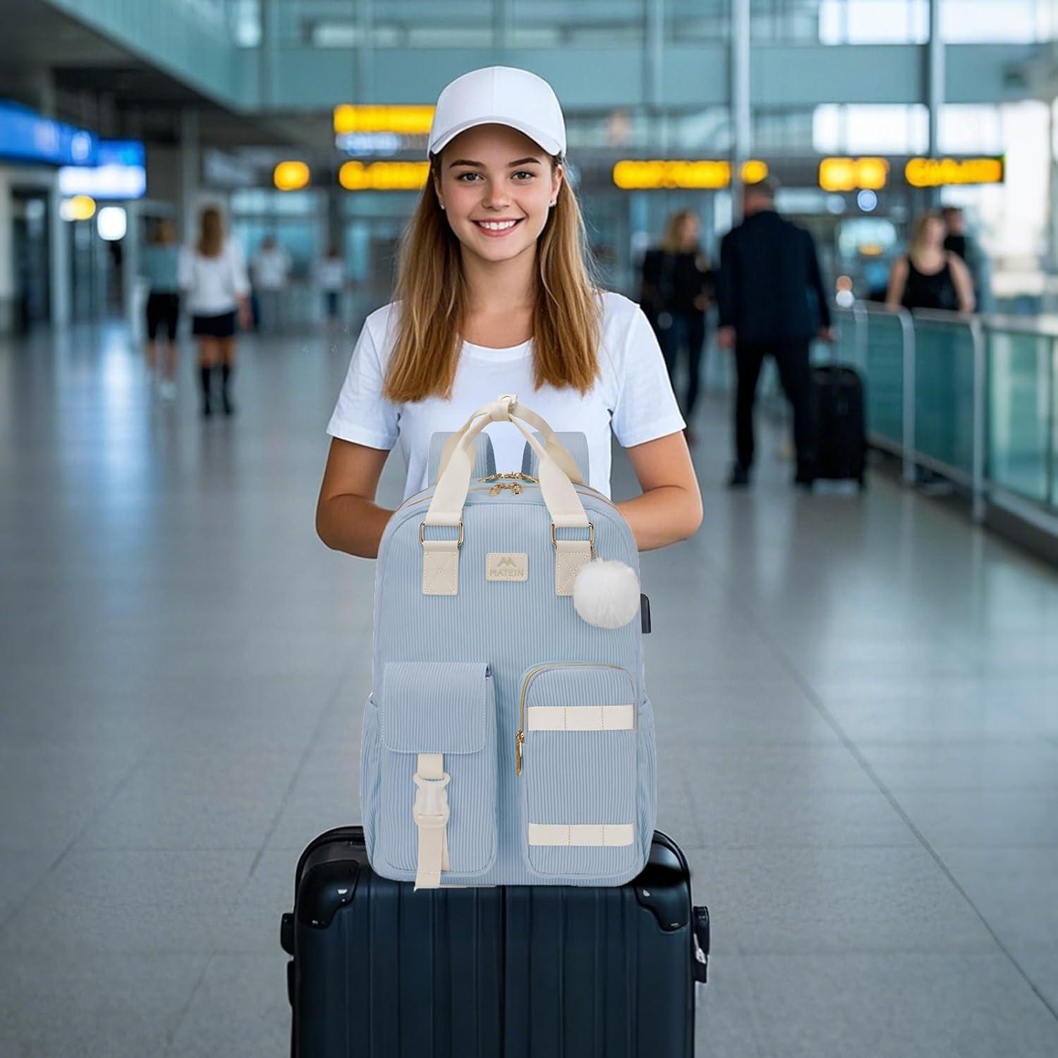 imageMATEIN 156 Laptop Backpack for Women Cute Corduroy Computer College Backpack with USB Charging Port TSA Lightweight Aesthetic Back Pack Travel Laptop Daypack for Work Nurse Teacher Gift BlueBlue