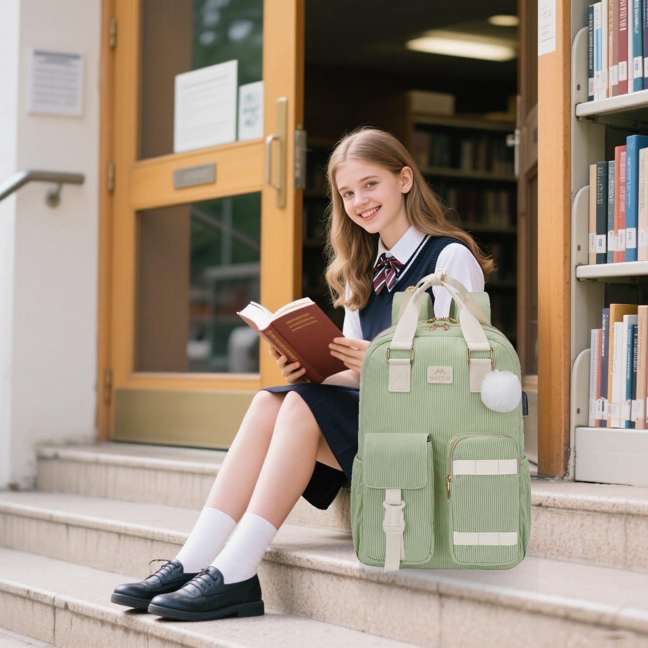 imageMATEIN 156 Laptop Backpack for Women Cute Corduroy Computer College Backpack with USB Charging Port TSA Lightweight Aesthetic Back Pack Travel Laptop Daypack for Work Nurse Teacher Gift BlueGreen