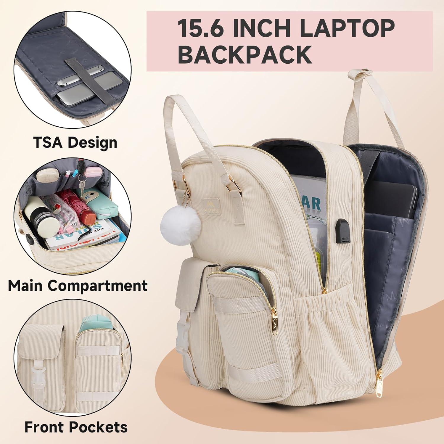 imageMATEIN 156 Laptop Backpack for Women Cute Corduroy Computer College Backpack with USB Charging Port TSA Lightweight Aesthetic Back Pack Travel Laptop Daypack for Work Nurse Teacher Gift BlueBeige