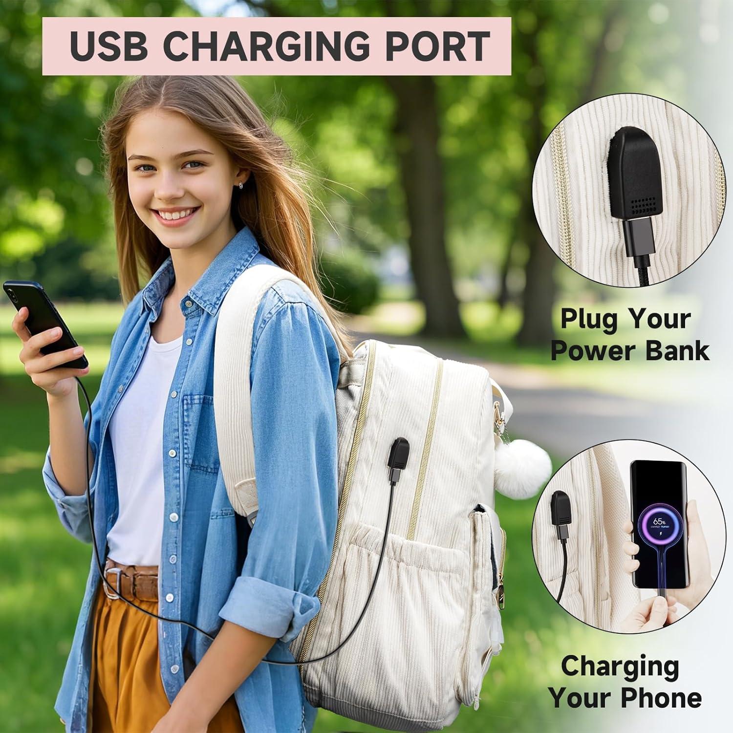 imageMATEIN 156 Laptop Backpack for Women Cute Corduroy Computer College Backpack with USB Charging Port TSA Lightweight Aesthetic Back Pack Travel Laptop Daypack for Work Nurse Teacher Gift BlueBeige