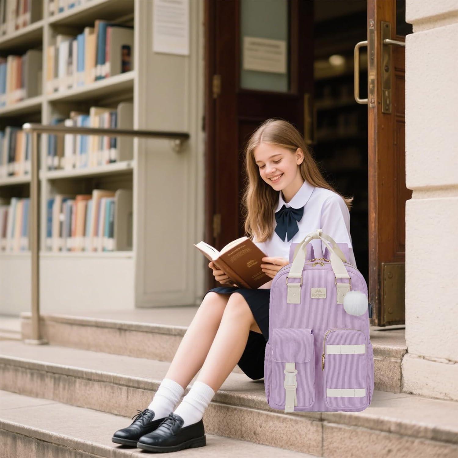 imageMATEIN 156 Laptop Backpack for Women Cute Corduroy Computer College Backpack with USB Charging Port TSA Lightweight Aesthetic Back Pack Travel Laptop Daypack for Work Nurse Teacher Gift BluePurple