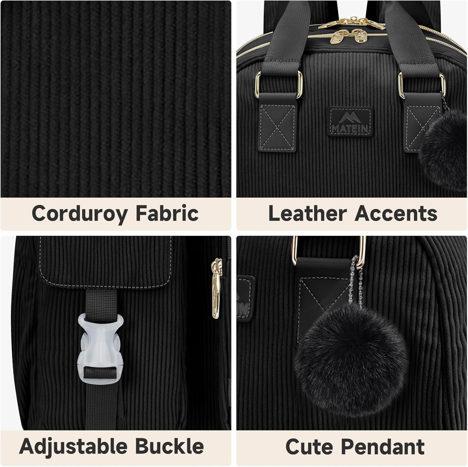 imageMATEIN 156 Laptop Backpack for Women Cute Corduroy Computer College Backpack with USB Charging Port TSA Lightweight Aesthetic Back Pack Travel Laptop Daypack for Work Nurse Teacher Gift BlueBlack