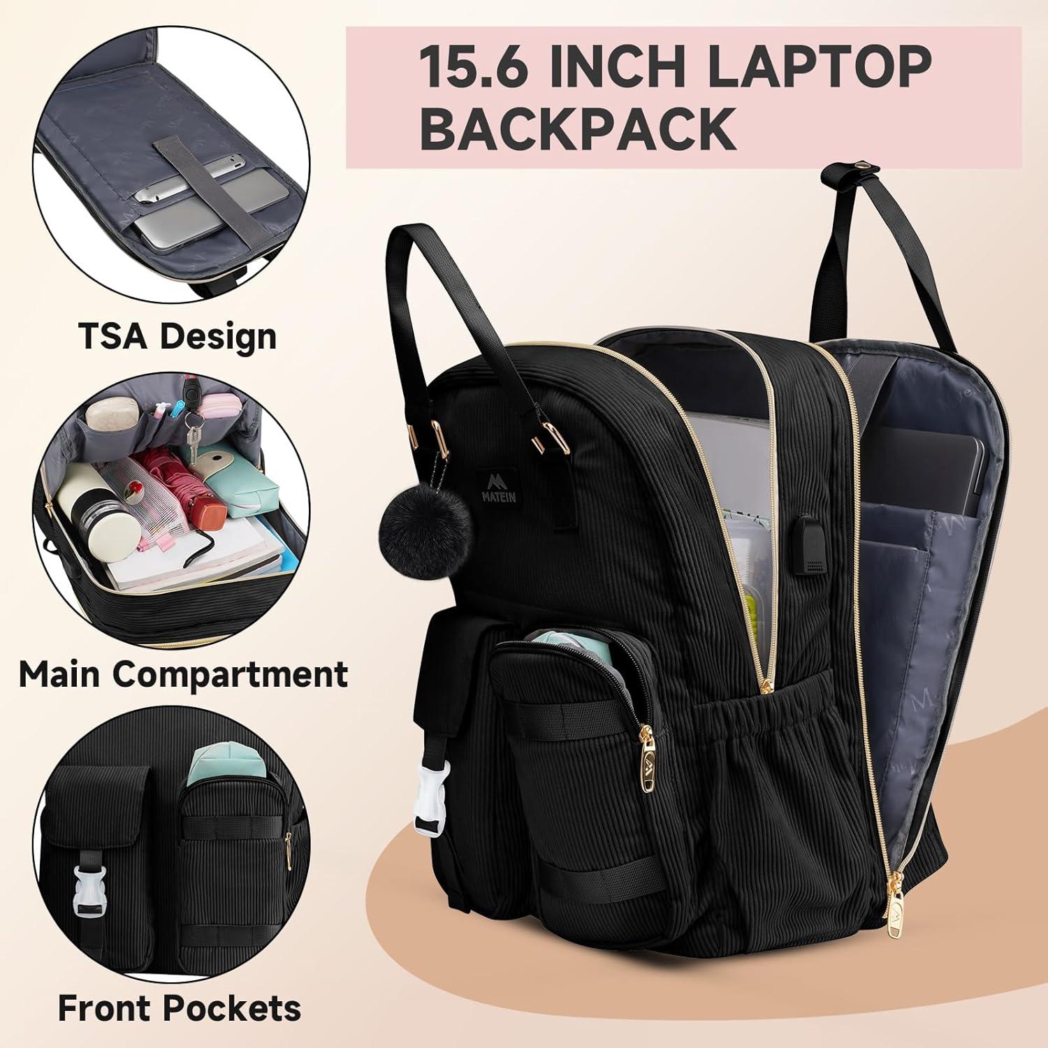 imageMATEIN 156 Laptop Backpack for Women Cute Corduroy Computer College Backpack with USB Charging Port TSA Lightweight Aesthetic Back Pack Travel Laptop Daypack for Work Nurse Teacher Gift BlueBlack