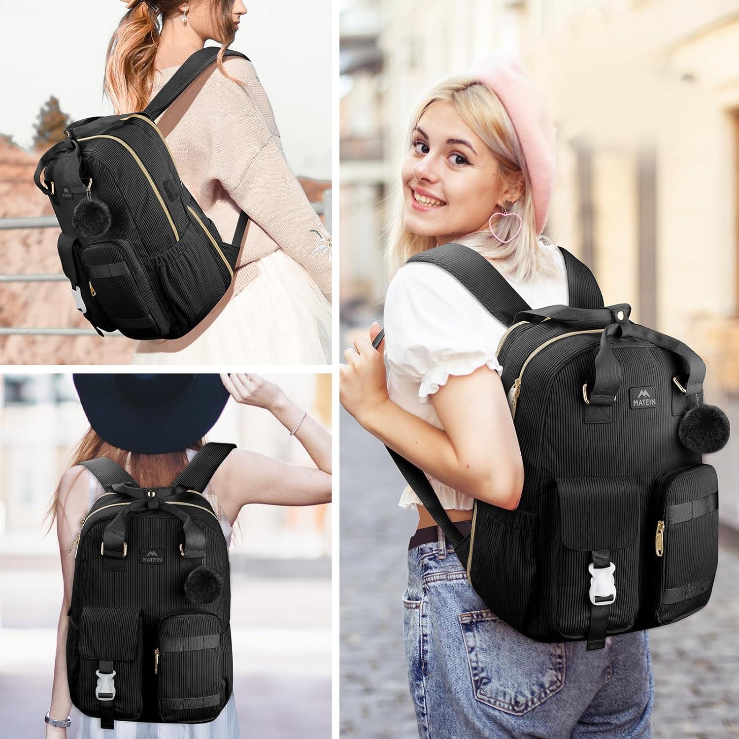 imageMATEIN 156 Laptop Backpack for Women Cute Corduroy Computer College Backpack with USB Charging Port TSA Lightweight Aesthetic Back Pack Travel Laptop Daypack for Work Nurse Teacher Gift BlueBlack