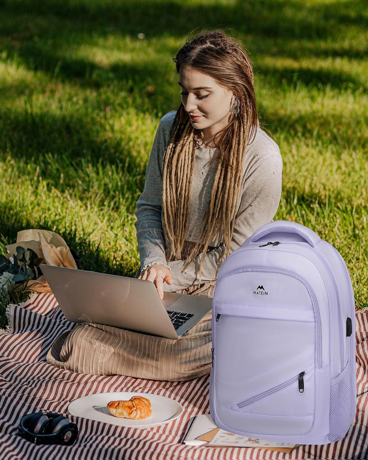 imageMATEIN College Laptop Backpack for Women Stylish 17 Inch Lightweight Outdoor Bag with USB Charging Port ampamp Luggage Strap Water Resistant Large Travel Computer Backpack Blue GreenPurple