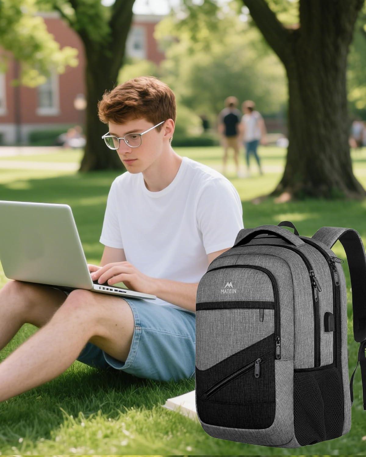 imageMATEIN College Laptop Backpack for Women Stylish 17 Inch Lightweight Outdoor Bag with USB Charging Port ampamp Luggage Strap Water Resistant Large Travel Computer Backpack Blue GreenGrey Black