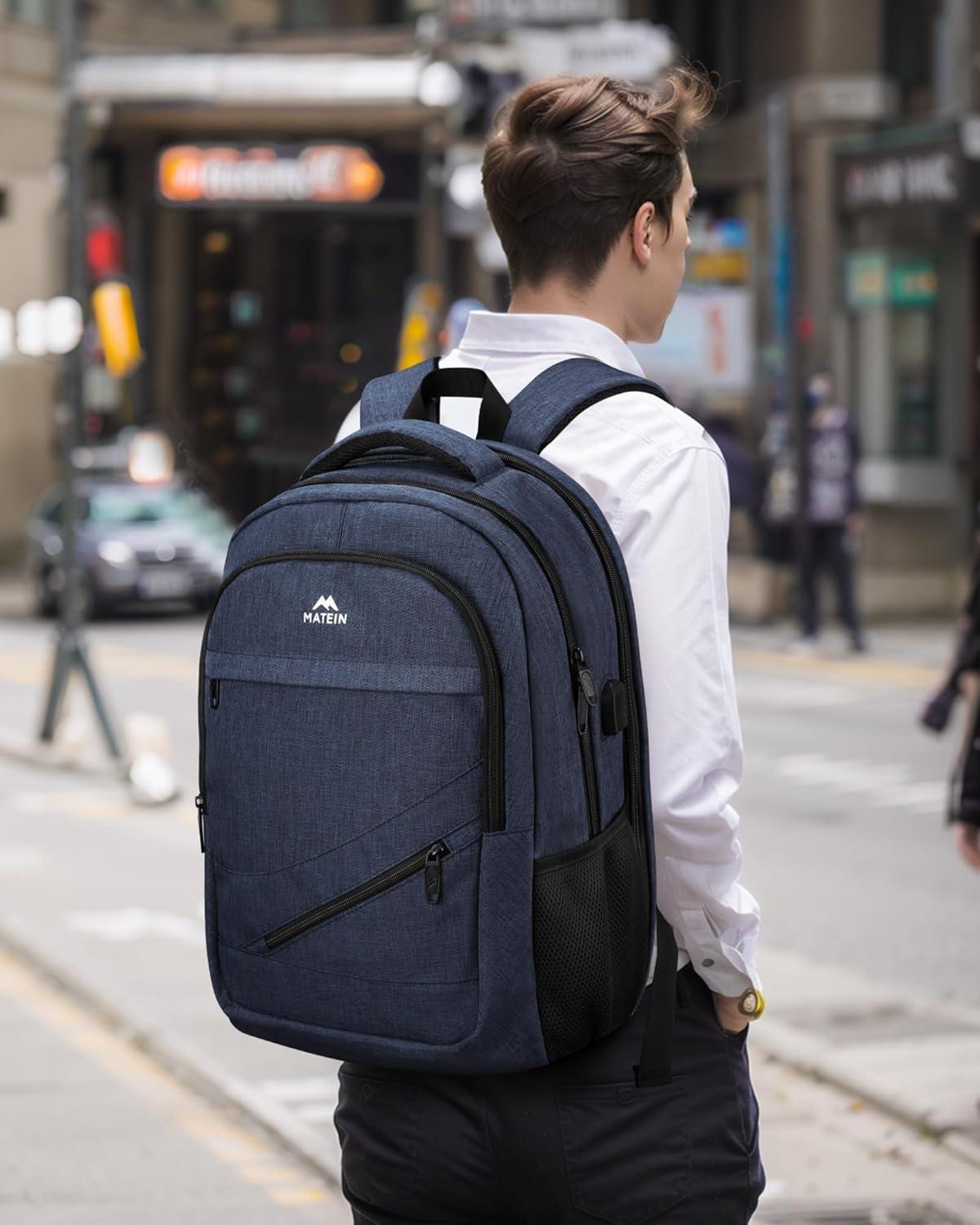 imageMATEIN College Laptop Backpack for Women Stylish 17 Inch Lightweight Outdoor Bag with USB Charging Port ampamp Luggage Strap Water Resistant Large Travel Computer Backpack Blue GreenDark Blue