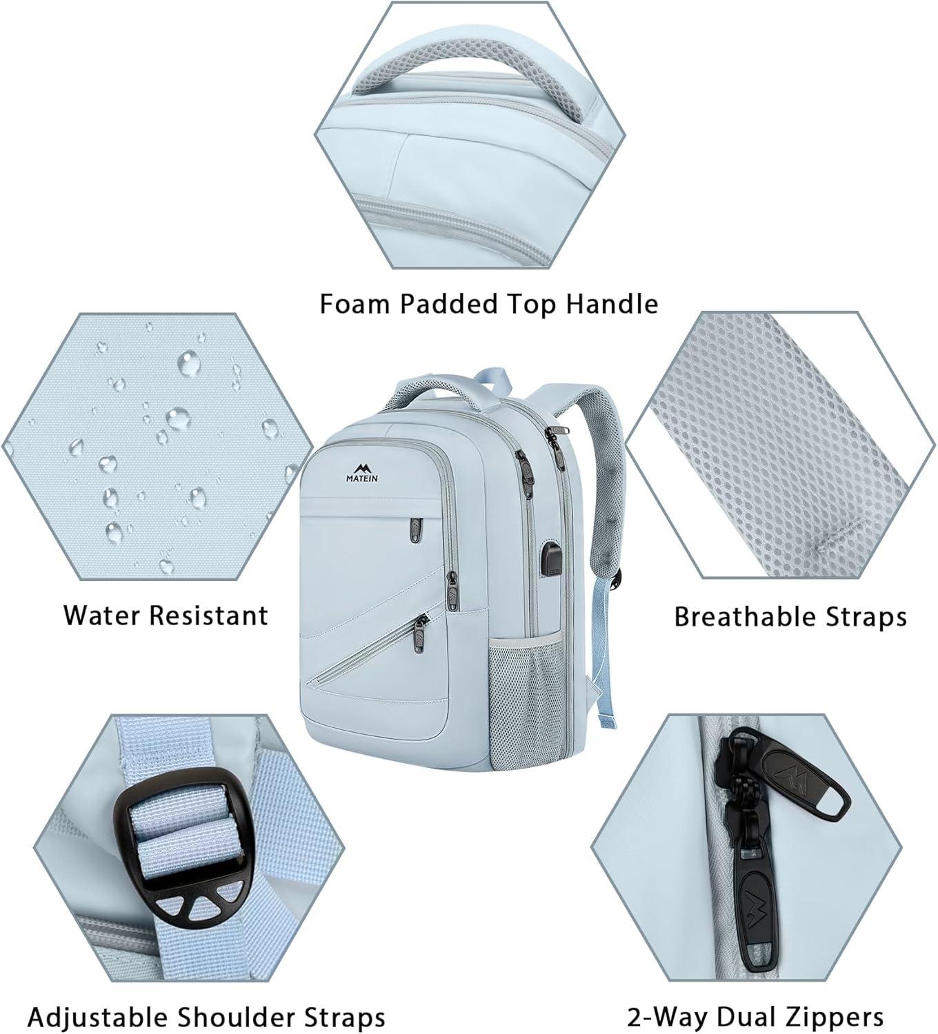 imageMATEIN College Laptop Backpack for Women Stylish 17 Inch Lightweight Outdoor Bag with USB Charging Port ampamp Luggage Strap Water Resistant Large Travel Computer Backpack Blue GreenBlue