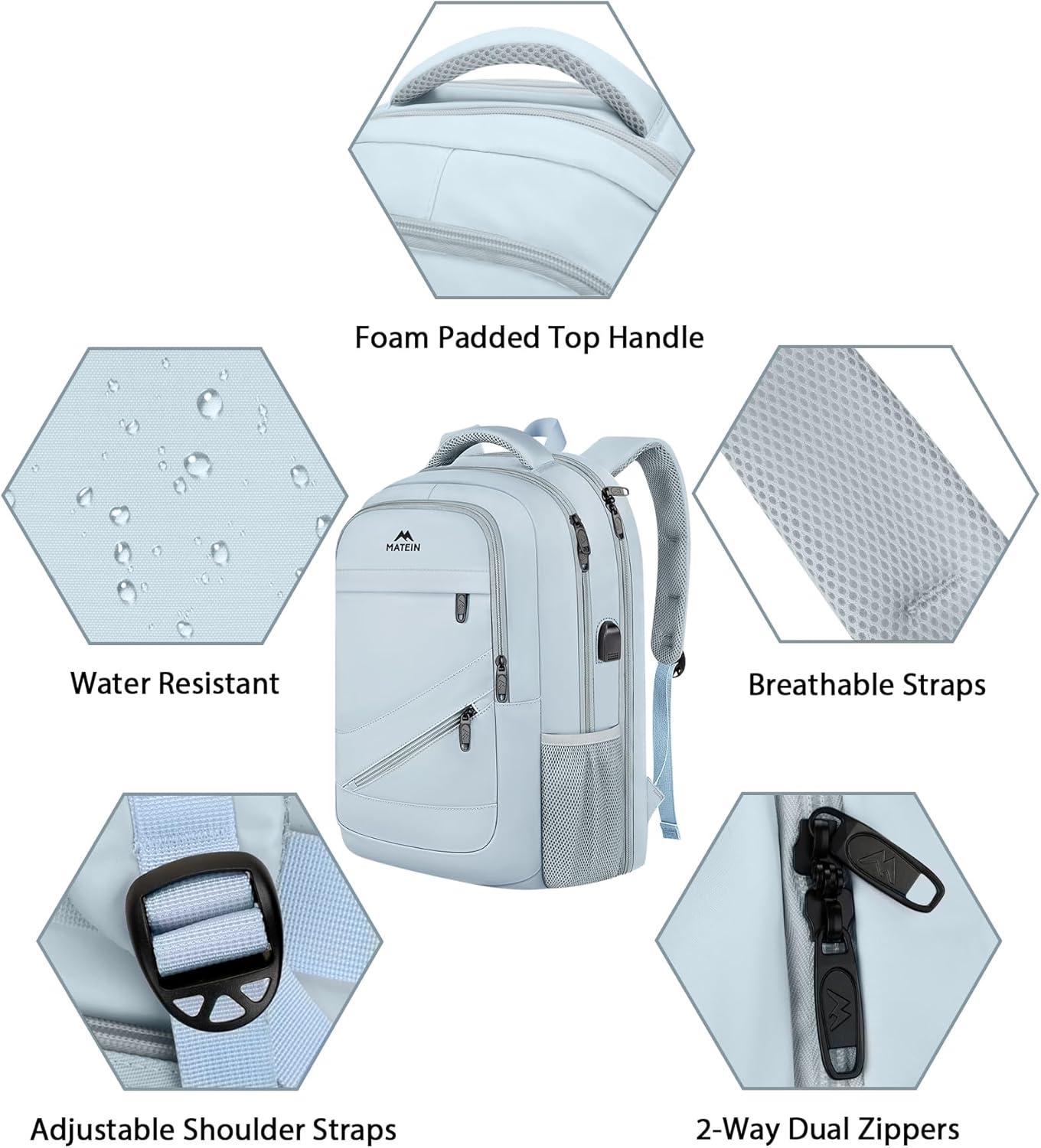 imageMATEIN College Laptop Backpack for Women Stylish 17 Inch Lightweight Outdoor Bag with USB Charging Port ampamp Luggage Strap Water Resistant Large Travel Computer Backpack Blue GreenBlue