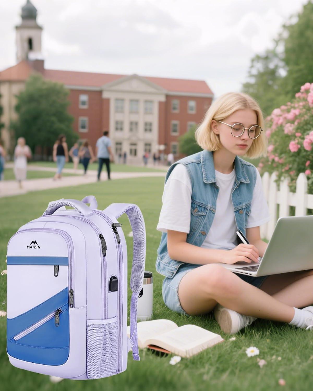 imageMATEIN College Laptop Backpack for Women Stylish 17 Inch Lightweight Outdoor Bag with USB Charging Port ampamp Luggage Strap Water Resistant Large Travel Computer Backpack Blue GreenPurple Blue