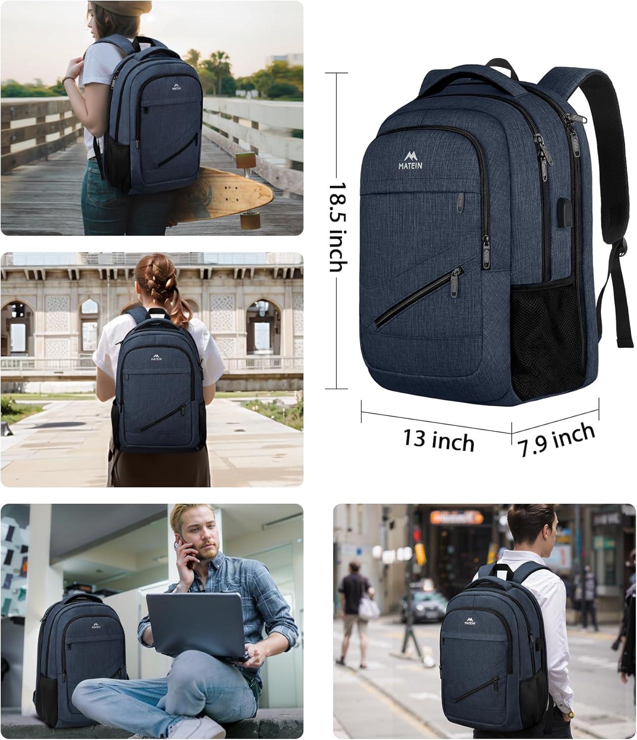 imageMATEIN College Laptop Backpack for Women Stylish 17 Inch Lightweight Outdoor Bag with USB Charging Port ampamp Luggage Strap Water Resistant Large Travel Computer Backpack Blue GreenDark Blue