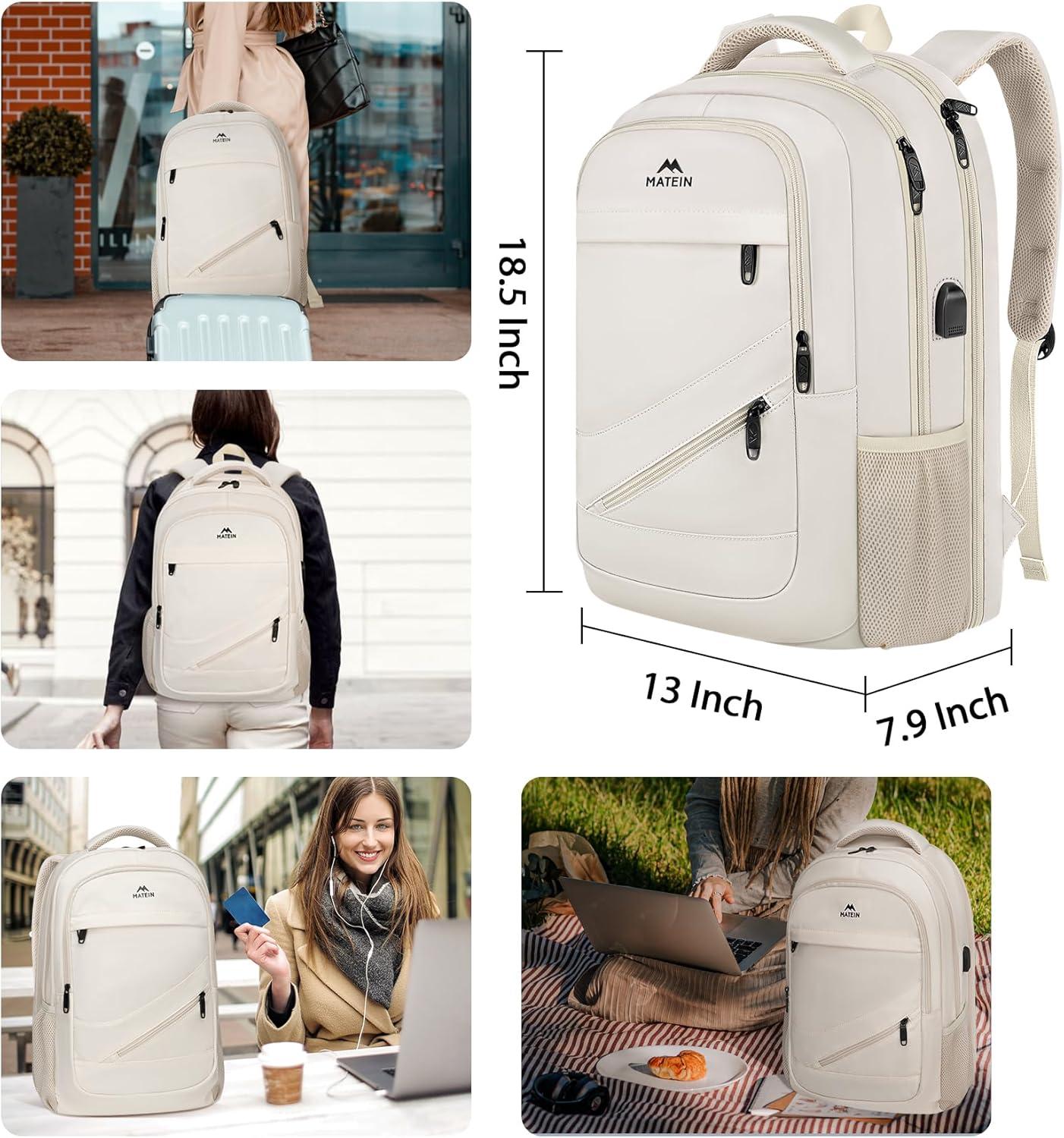 imageMATEIN College Laptop Backpack for Women Stylish 17 Inch Lightweight Outdoor Bag with USB Charging Port ampamp Luggage Strap Water Resistant Large Travel Computer Backpack Blue GreenBeige
