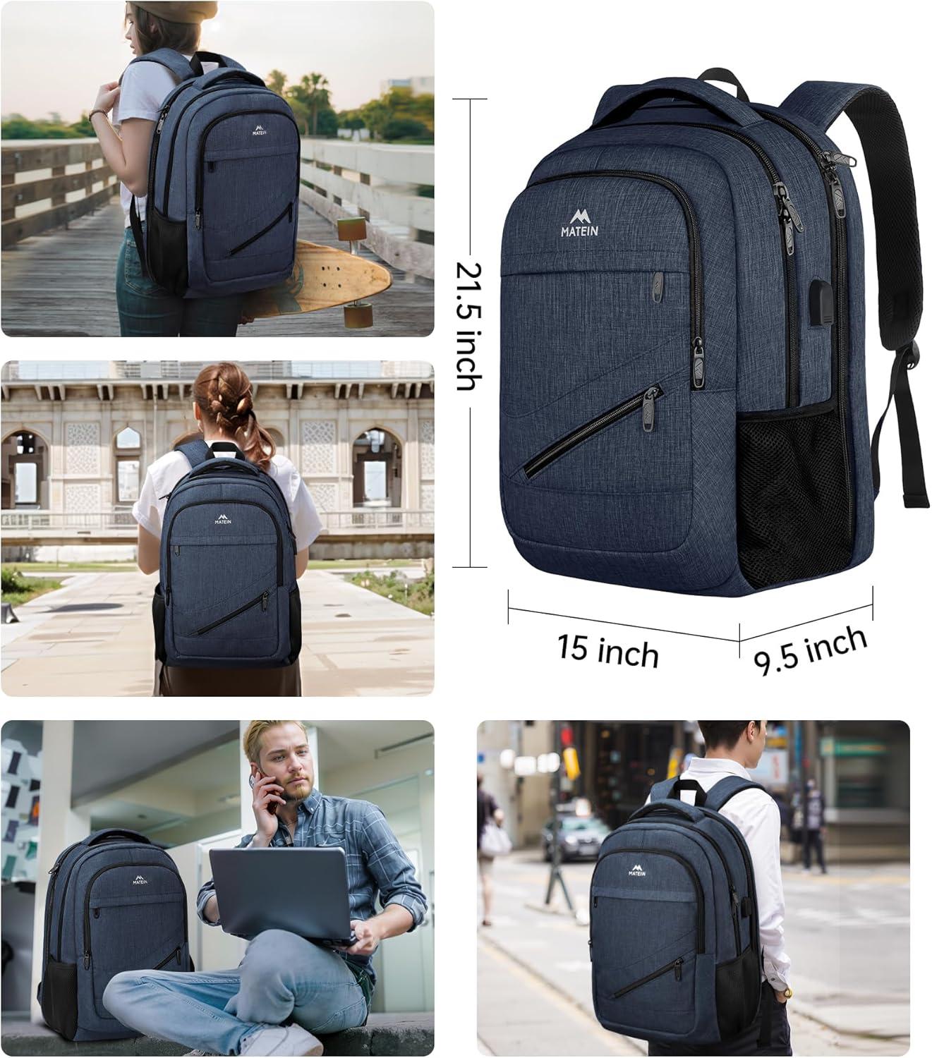 imageMATEIN College Laptop Backpack for Women Stylish 17 Inch Lightweight Outdoor Bag with USB Charging Port ampamp Luggage Strap Water Resistant Large Travel Computer Backpack Blue GreenDark Blue