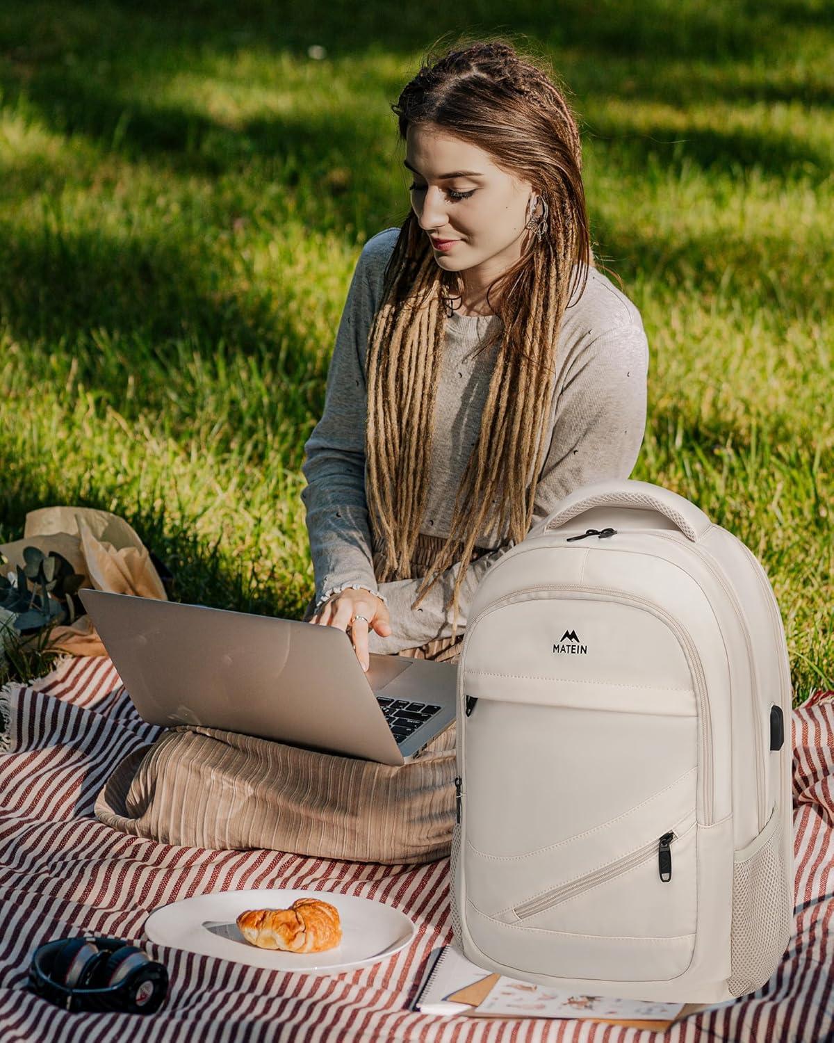 imageMATEIN College Laptop Backpack for Women Stylish 17 Inch Lightweight Outdoor Bag with USB Charging Port ampamp Luggage Strap Water Resistant Large Travel Computer Backpack Blue GreenBeige