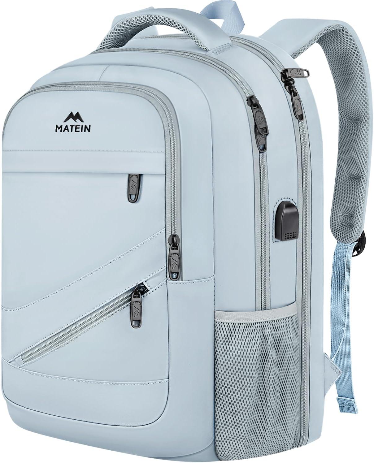 imageMATEIN College Laptop Backpack for Women Stylish 17 Inch Lightweight Outdoor Bag with USB Charging Port ampamp Luggage Strap Water Resistant Large Travel Computer Backpack Blue GreenBlue