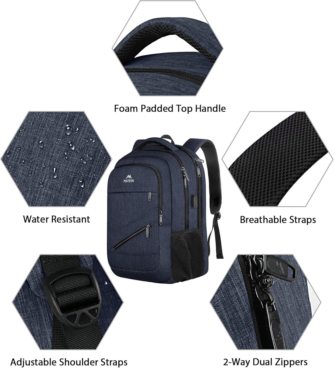 imageMATEIN College Laptop Backpack for Women Stylish 17 Inch Lightweight Outdoor Bag with USB Charging Port ampamp Luggage Strap Water Resistant Large Travel Computer Backpack Blue GreenDark Blue