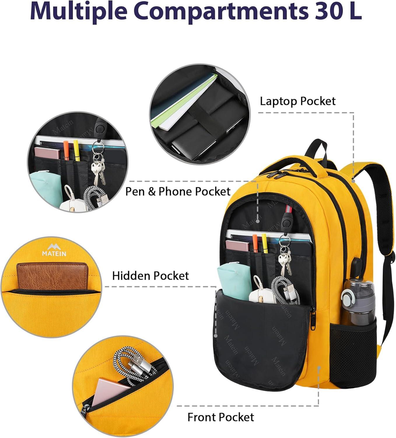 imageMATEIN College Laptop Backpack for Women Stylish 17 Inch Lightweight Outdoor Bag with USB Charging Port ampamp Luggage Strap Water Resistant Large Travel Computer Backpack Blue GreenYellow