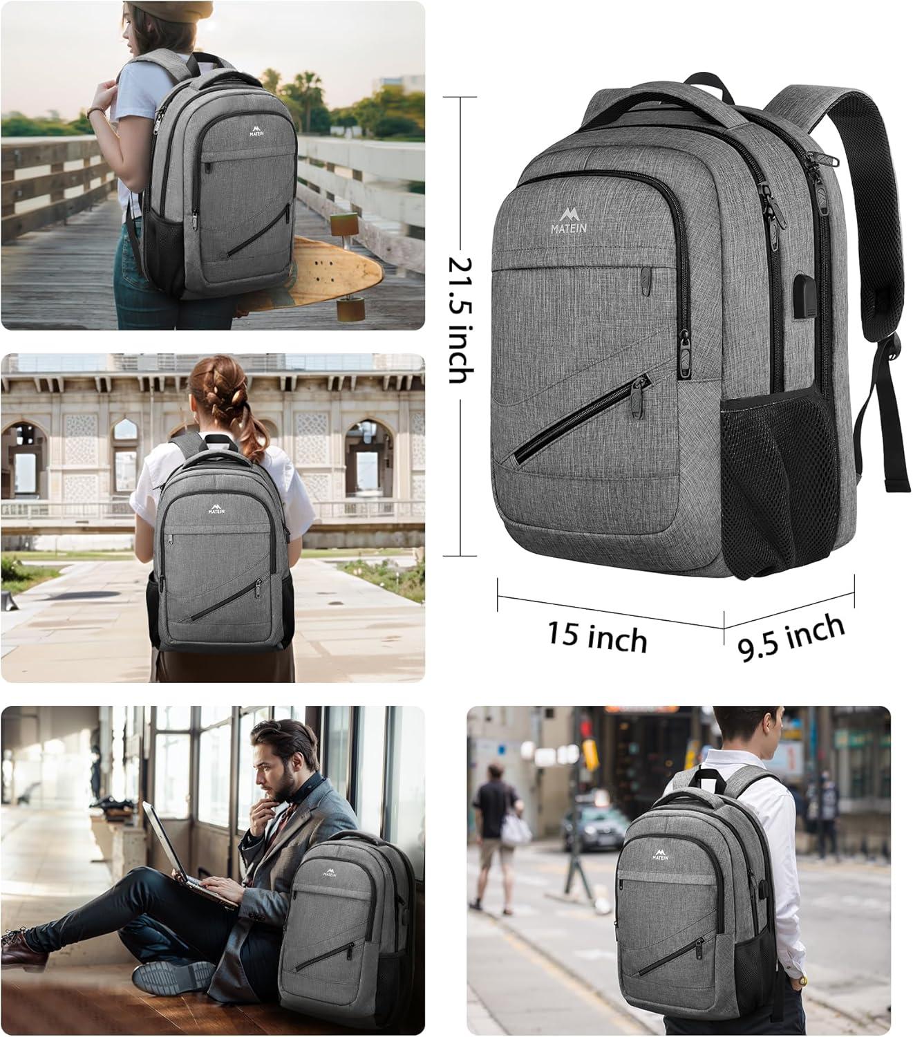 imageMATEIN College Laptop Backpack for Women Stylish 17 Inch Lightweight Outdoor Bag with USB Charging Port ampamp Luggage Strap Water Resistant Large Travel Computer Backpack Blue GreenGrey