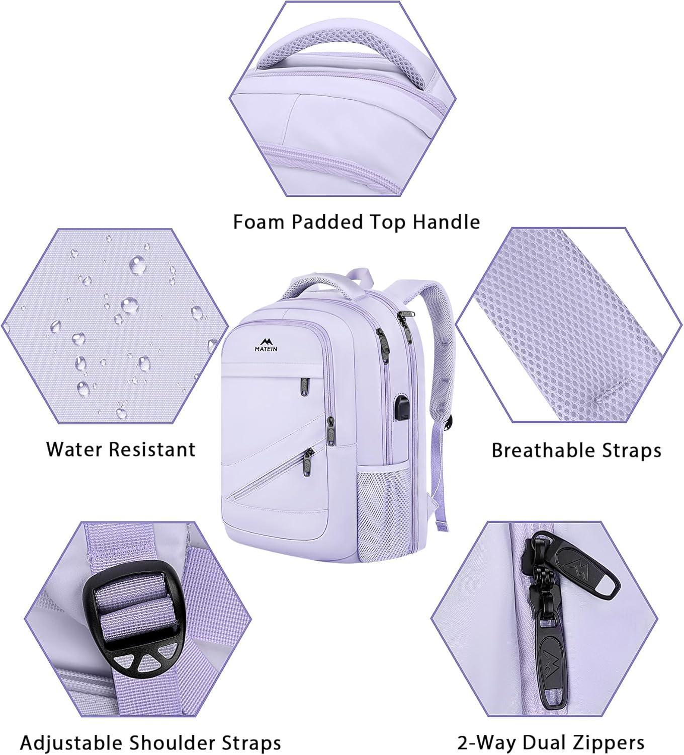 imageMATEIN College Laptop Backpack for Women Stylish 17 Inch Lightweight Outdoor Bag with USB Charging Port ampamp Luggage Strap Water Resistant Large Travel Computer Backpack Blue GreenPurple