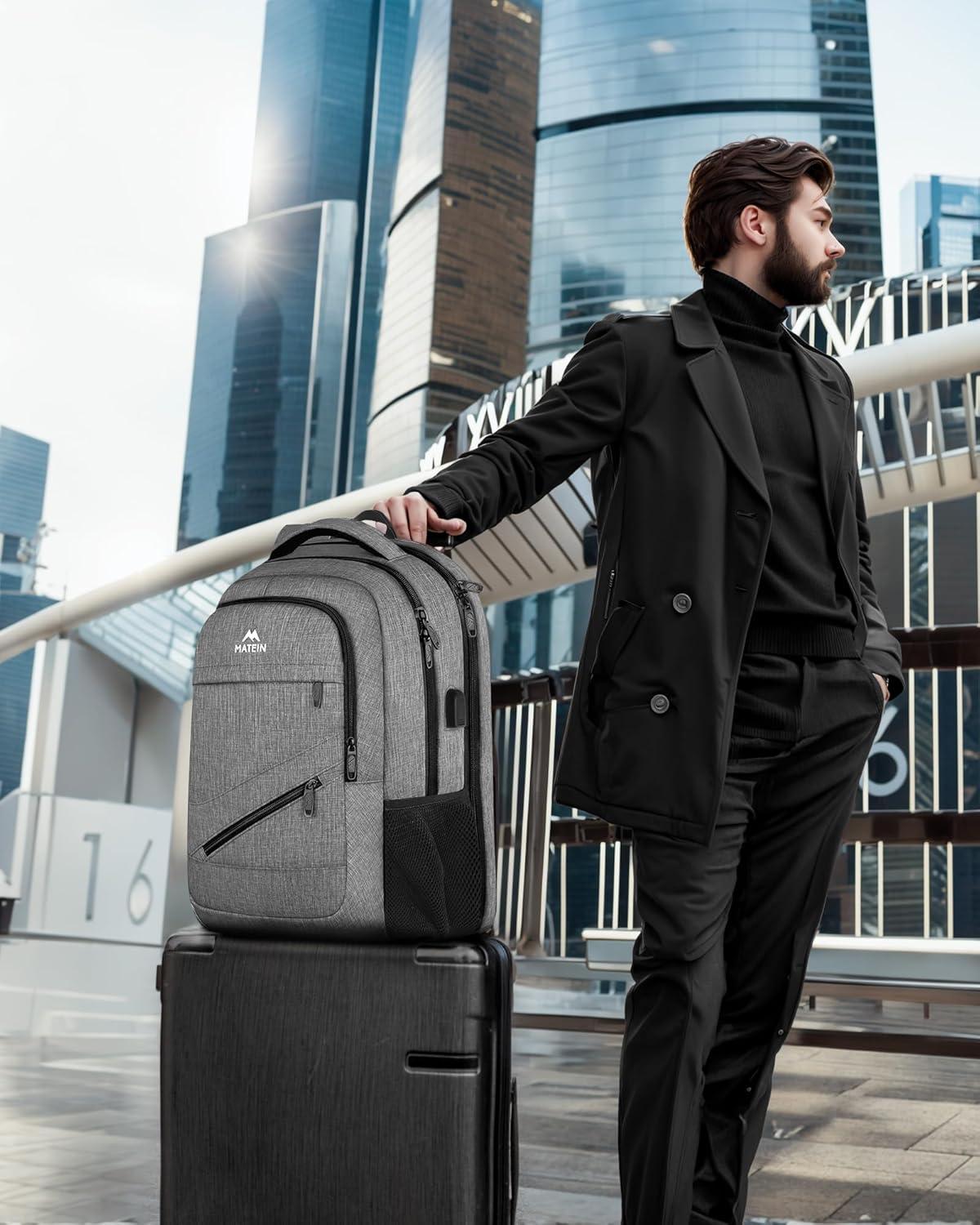 imageMATEIN College Laptop Backpack for Women Stylish 17 Inch Lightweight Outdoor Bag with USB Charging Port ampamp Luggage Strap Water Resistant Large Travel Computer Backpack Blue GreenGrey