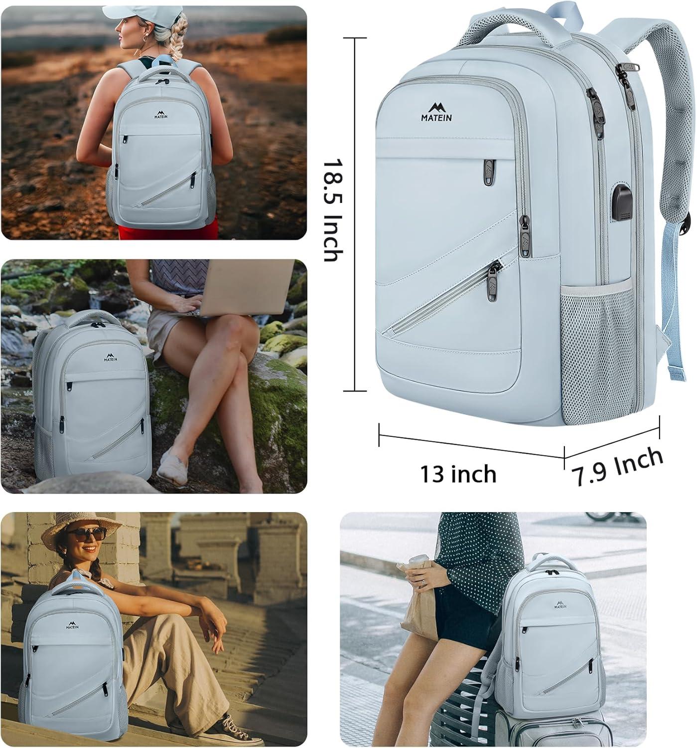 imageMATEIN College Laptop Backpack for Women Stylish 17 Inch Lightweight Outdoor Bag with USB Charging Port ampamp Luggage Strap Water Resistant Large Travel Computer Backpack Blue GreenBlue