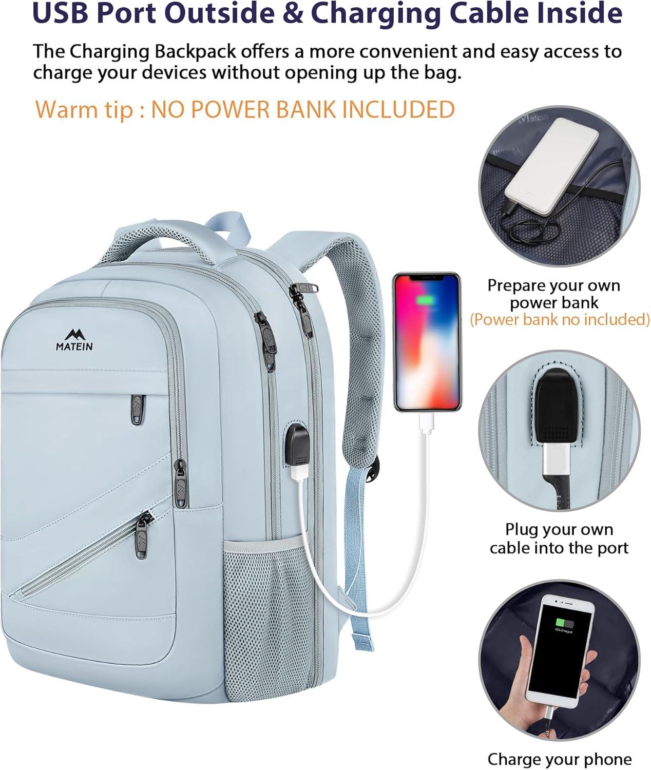 imageMATEIN College Laptop Backpack for Women Stylish 17 Inch Lightweight Outdoor Bag with USB Charging Port ampamp Luggage Strap Water Resistant Large Travel Computer Backpack Blue GreenBlue