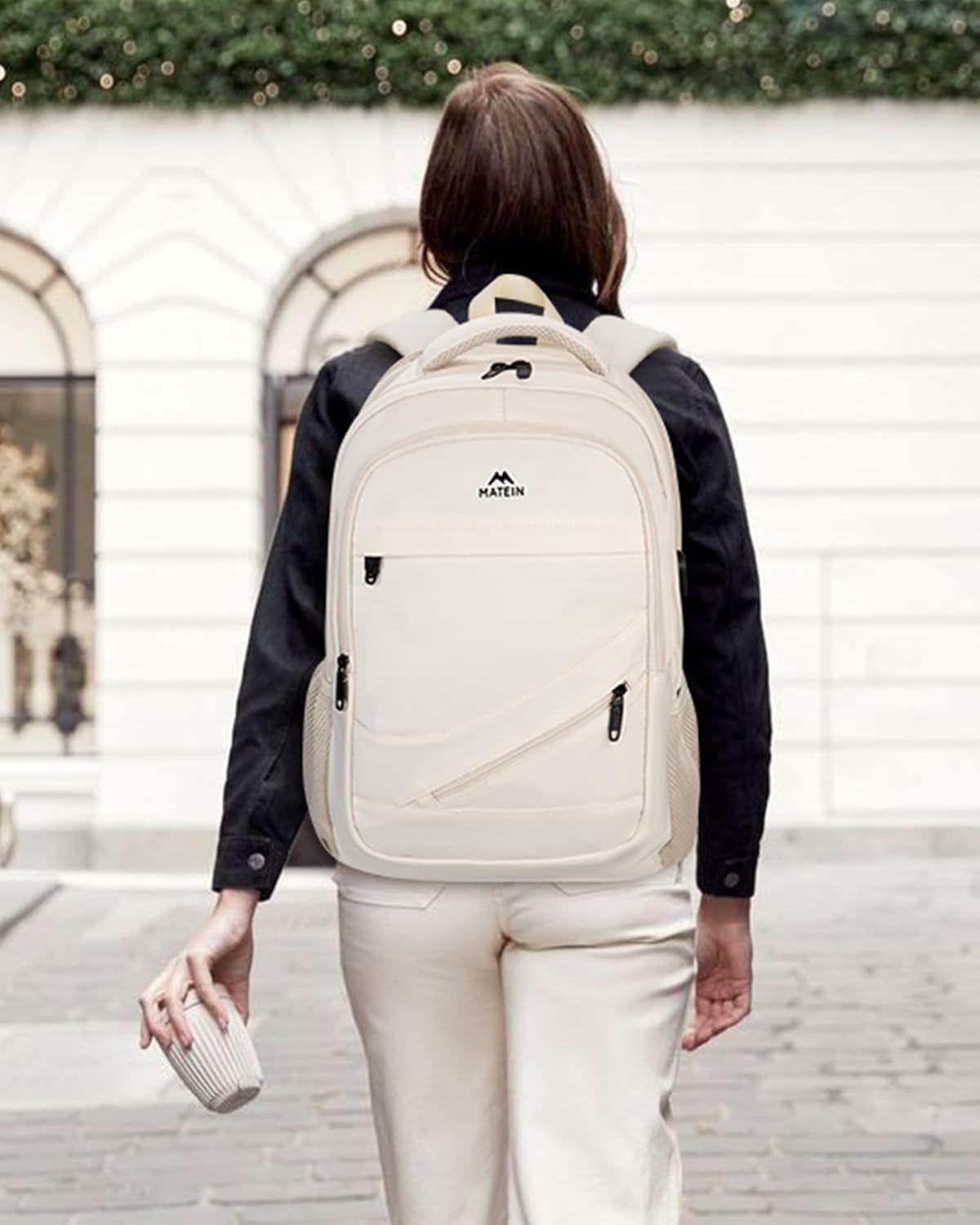 imageMATEIN College Laptop Backpack for Women Stylish 17 Inch Lightweight Outdoor Bag with USB Charging Port ampamp Luggage Strap Water Resistant Large Travel Computer Backpack Blue GreenBeige