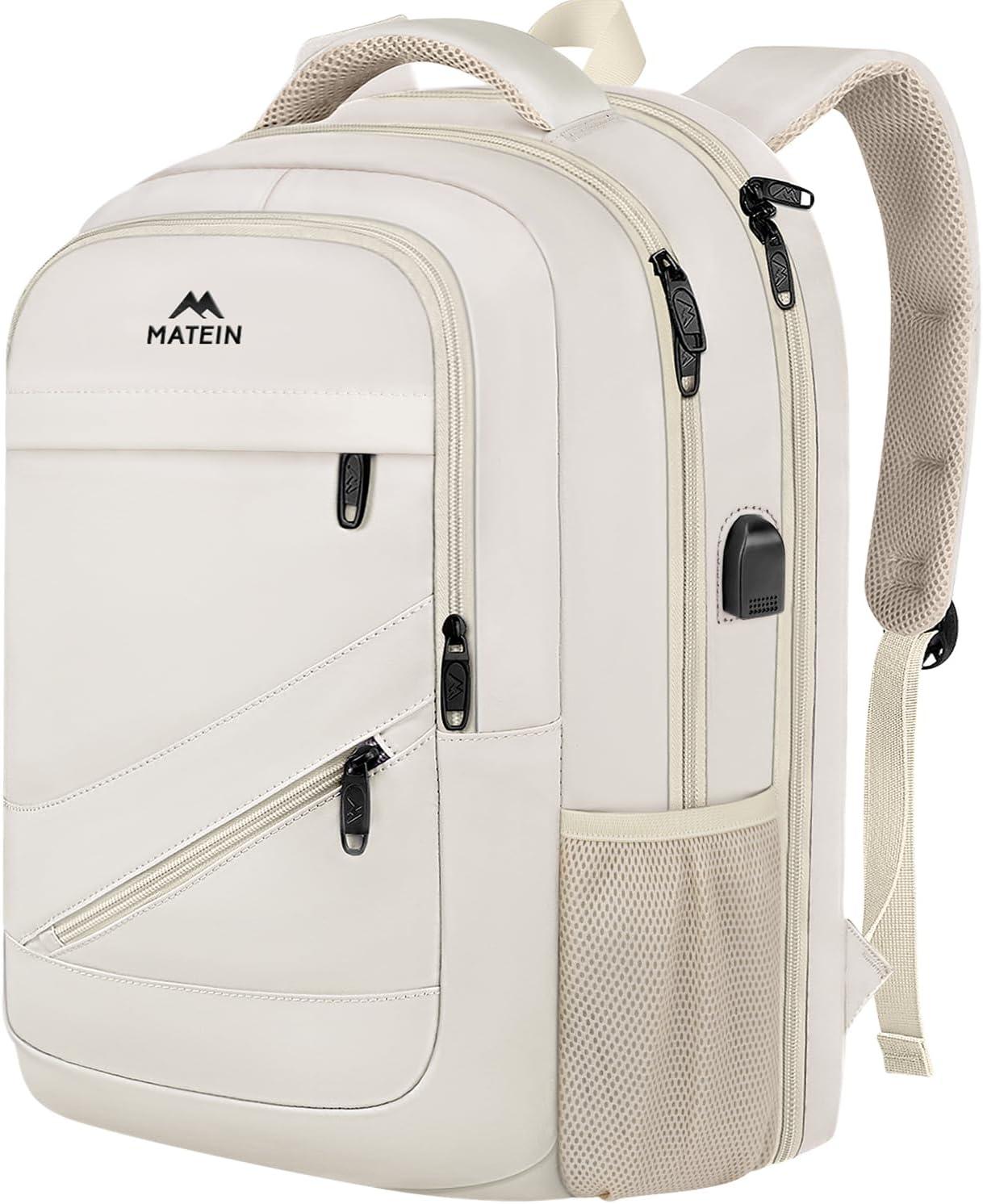 imageMATEIN College Laptop Backpack for Women Stylish 17 Inch Lightweight Outdoor Bag with USB Charging Port ampamp Luggage Strap Water Resistant Large Travel Computer Backpack Blue GreenBeige