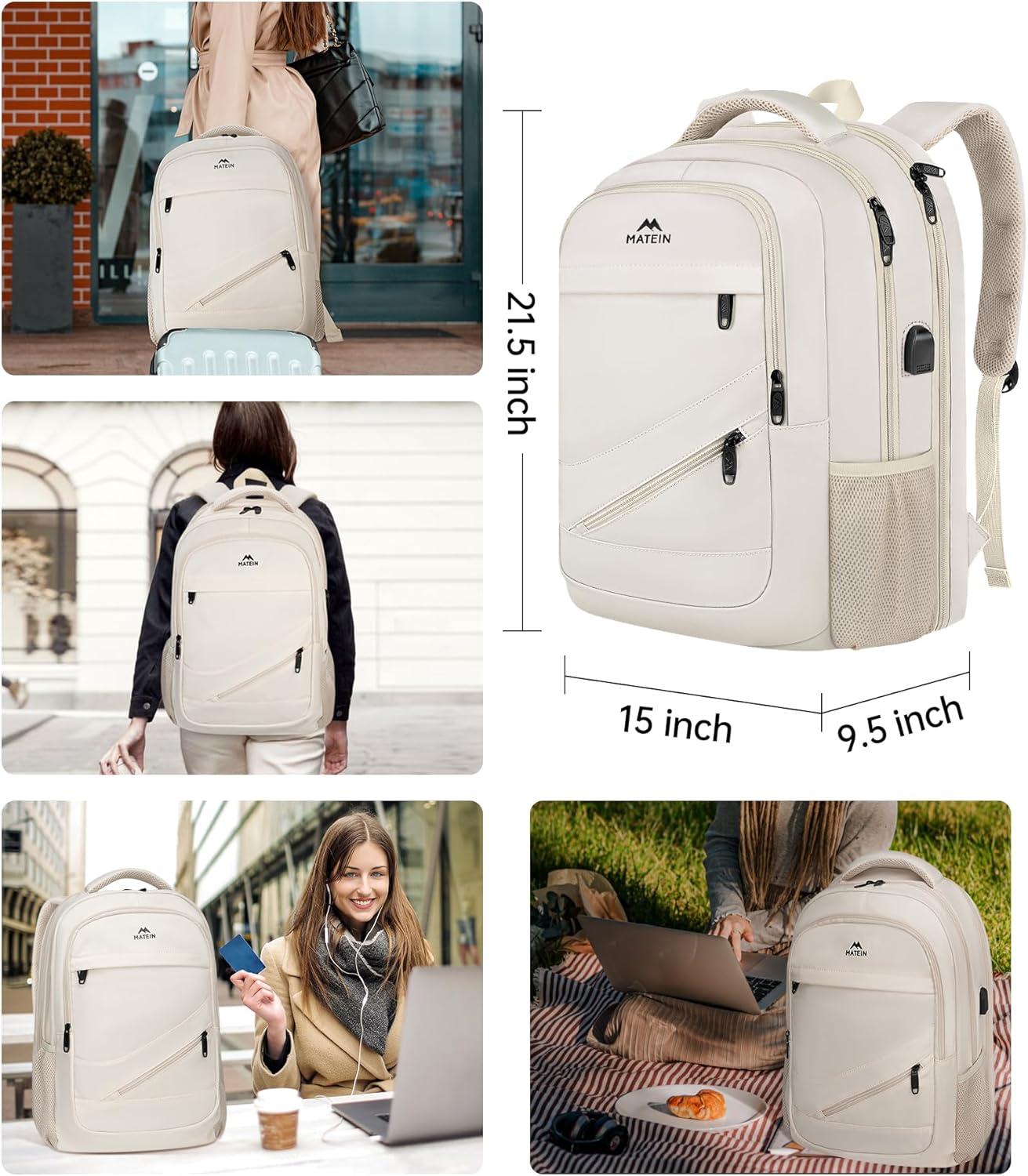 imageMATEIN College Laptop Backpack for Women Stylish 17 Inch Lightweight Outdoor Bag with USB Charging Port ampamp Luggage Strap Water Resistant Large Travel Computer Backpack Blue GreenBeige