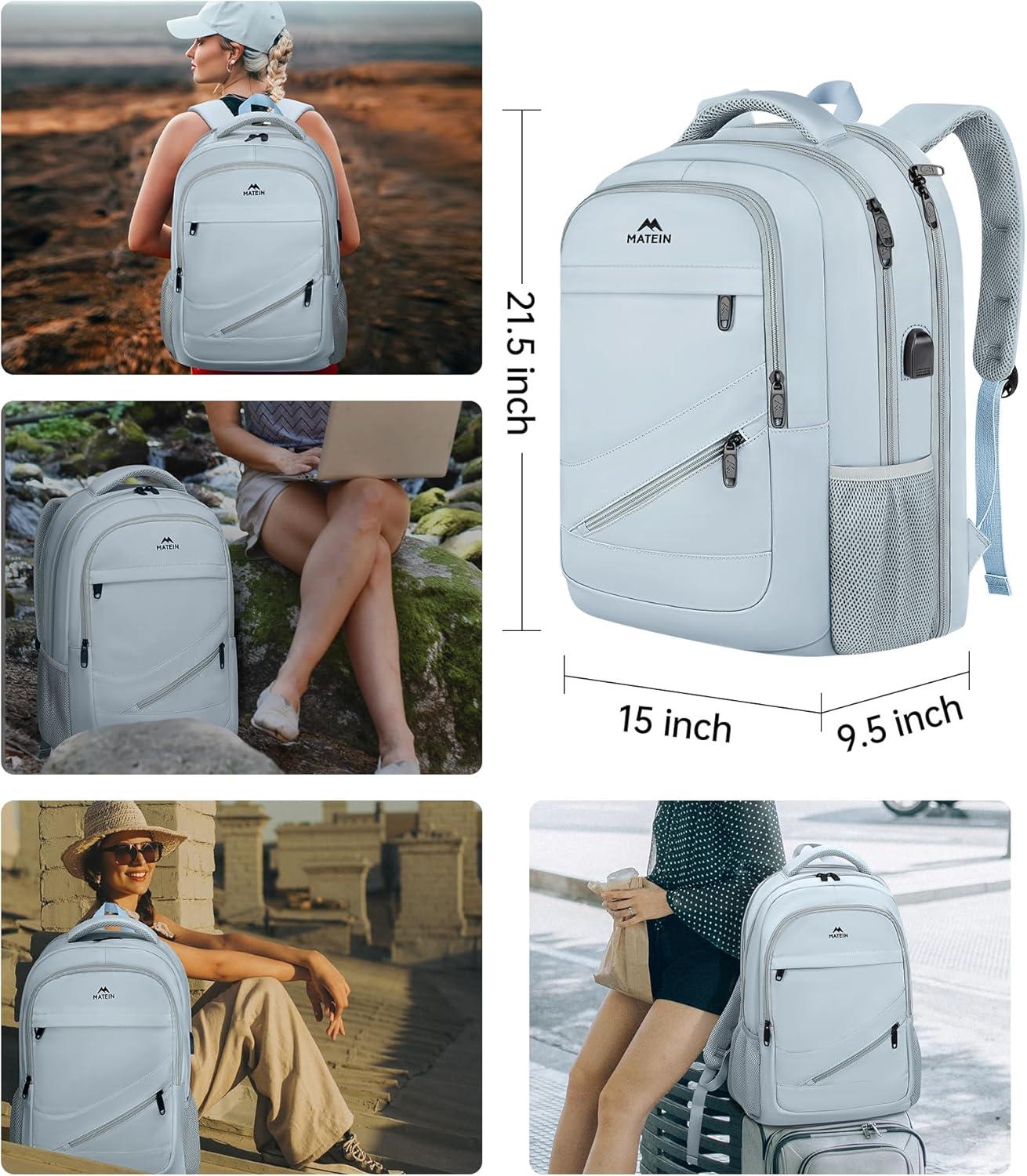 imageMATEIN College Laptop Backpack for Women Stylish 17 Inch Lightweight Outdoor Bag with USB Charging Port ampamp Luggage Strap Water Resistant Large Travel Computer Backpack Blue GreenBlue