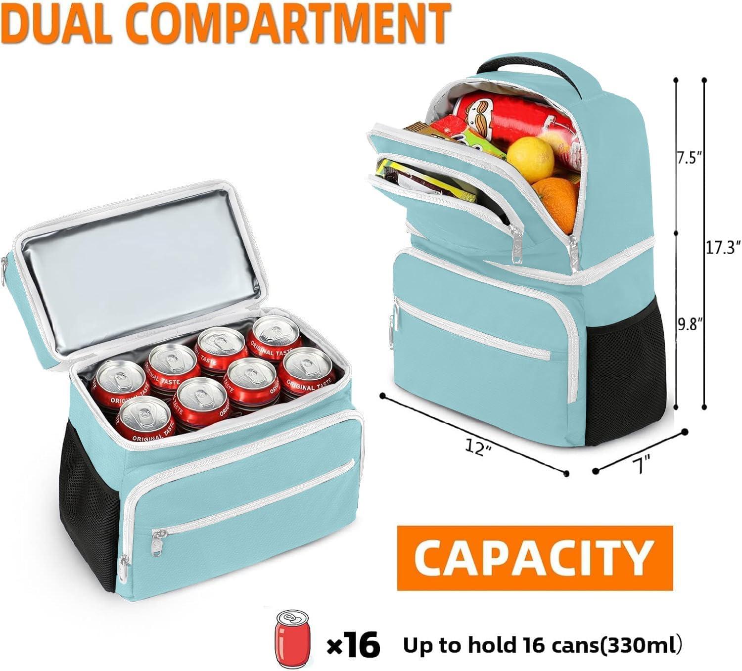 imageMATEIN Cooler Backpack 26 Cans Insulated Lunch Backpack for Men Women Leakproof Double Layer Lunch Cooler Bag Lightweight Soft Lunch Backpack with Cooler Compartment Beach Camping Hiking Beer GiftsCyan