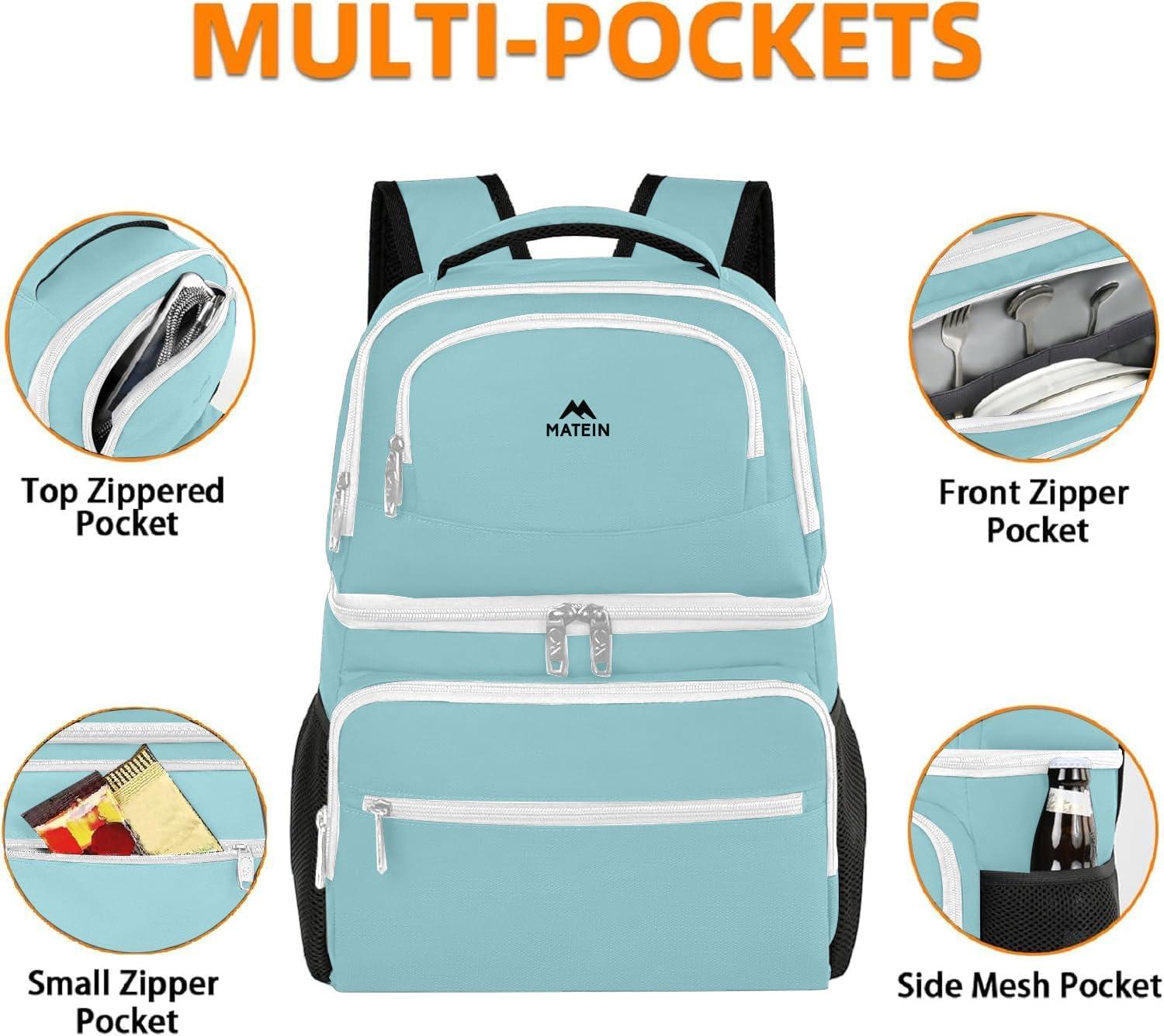 imageMATEIN Cooler Backpack 26 Cans Insulated Lunch Backpack for Men Women Leakproof Double Layer Lunch Cooler Bag Lightweight Soft Lunch Backpack with Cooler Compartment Beach Camping Hiking Beer GiftsCyan