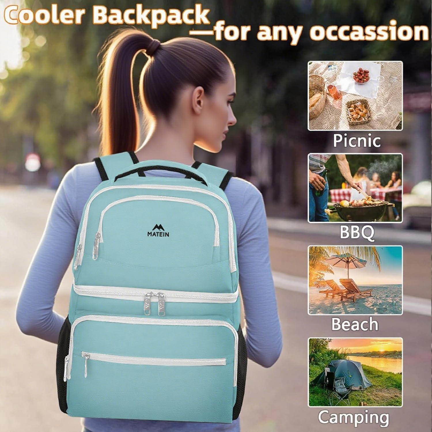 imageMATEIN Cooler Backpack 26 Cans Insulated Lunch Backpack for Men Women Leakproof Double Layer Lunch Cooler Bag Lightweight Soft Lunch Backpack with Cooler Compartment Beach Camping Hiking Beer GiftsCyan