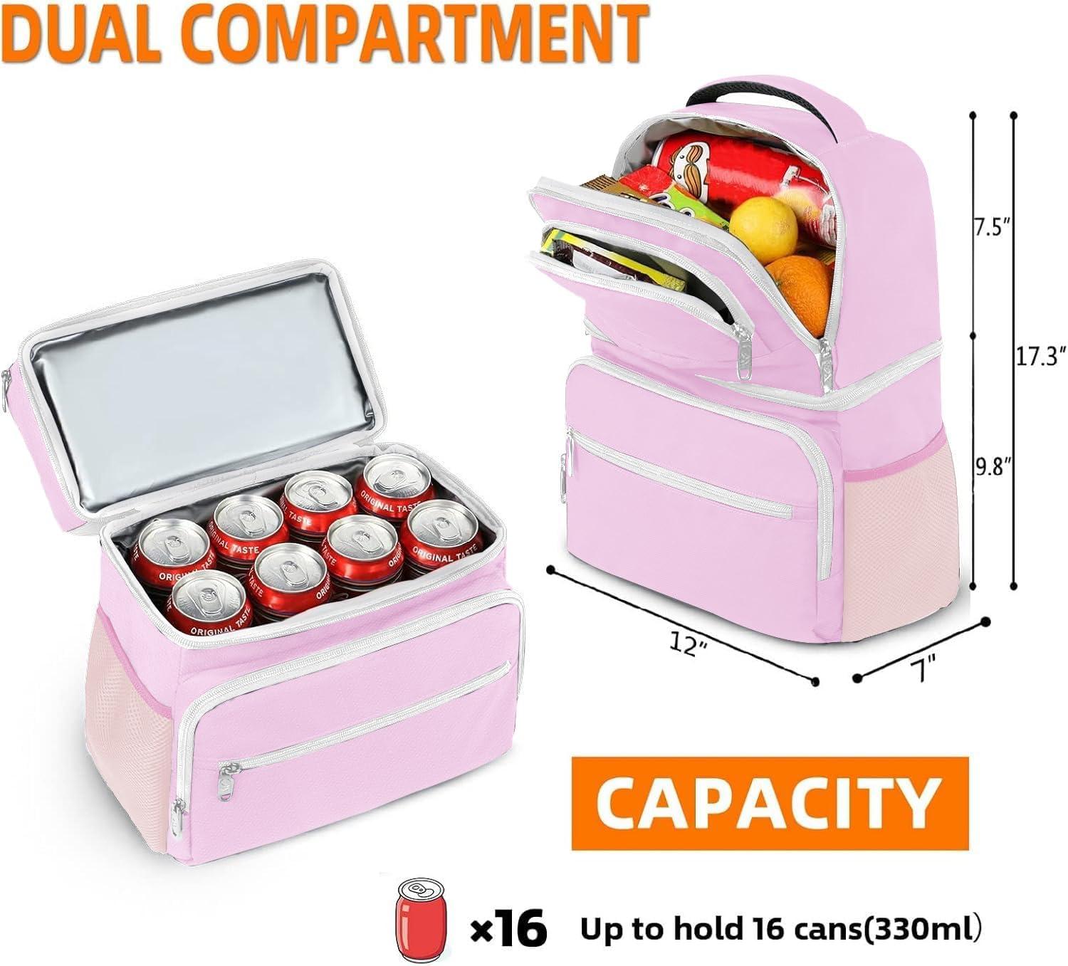 imageMATEIN Cooler Backpack 26 Cans Insulated Lunch Backpack for Men Women Leakproof Double Layer Lunch Cooler Bag Lightweight Soft Lunch Backpack with Cooler Compartment Beach Camping Hiking Beer GiftsPink