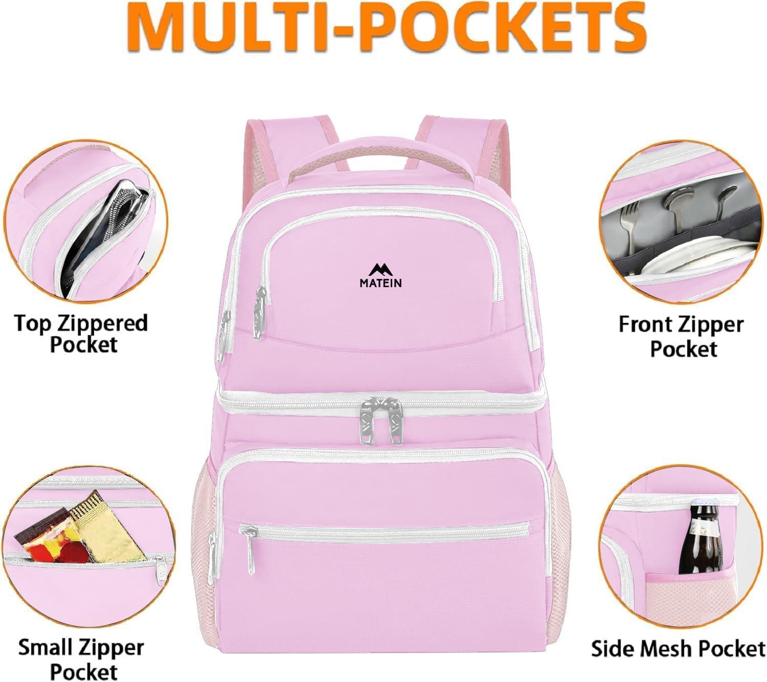 imageMATEIN Cooler Backpack 26 Cans Insulated Lunch Backpack for Men Women Leakproof Double Layer Lunch Cooler Bag Lightweight Soft Lunch Backpack with Cooler Compartment Beach Camping Hiking Beer GiftsPink