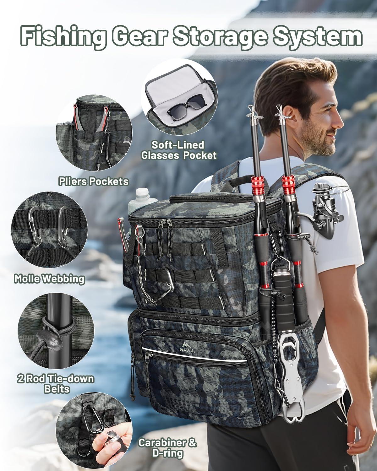 imageMATEIN Fishing Backpack with 4 Tackle Boxes ampamp Rod Holder Tackle Backpack with Safety Compass ampamp Insulated Compartment Water Resistant Fishing Tray Bag Storage Gear and Equipment Gifts for Fishermen