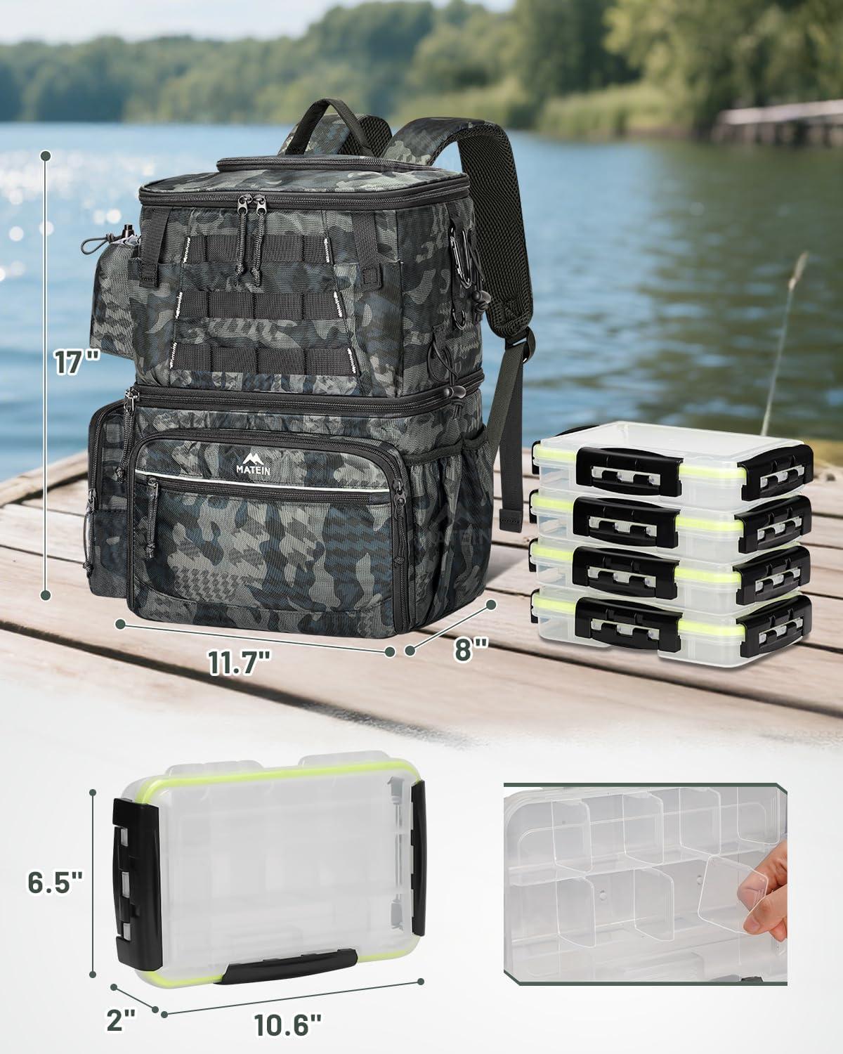 imageMATEIN Fishing Backpack with 4 Tackle Boxes ampamp Rod Holder Tackle Backpack with Safety Compass ampamp Insulated Compartment Water Resistant Fishing Tray Bag Storage Gear and Equipment Gifts for Fishermen