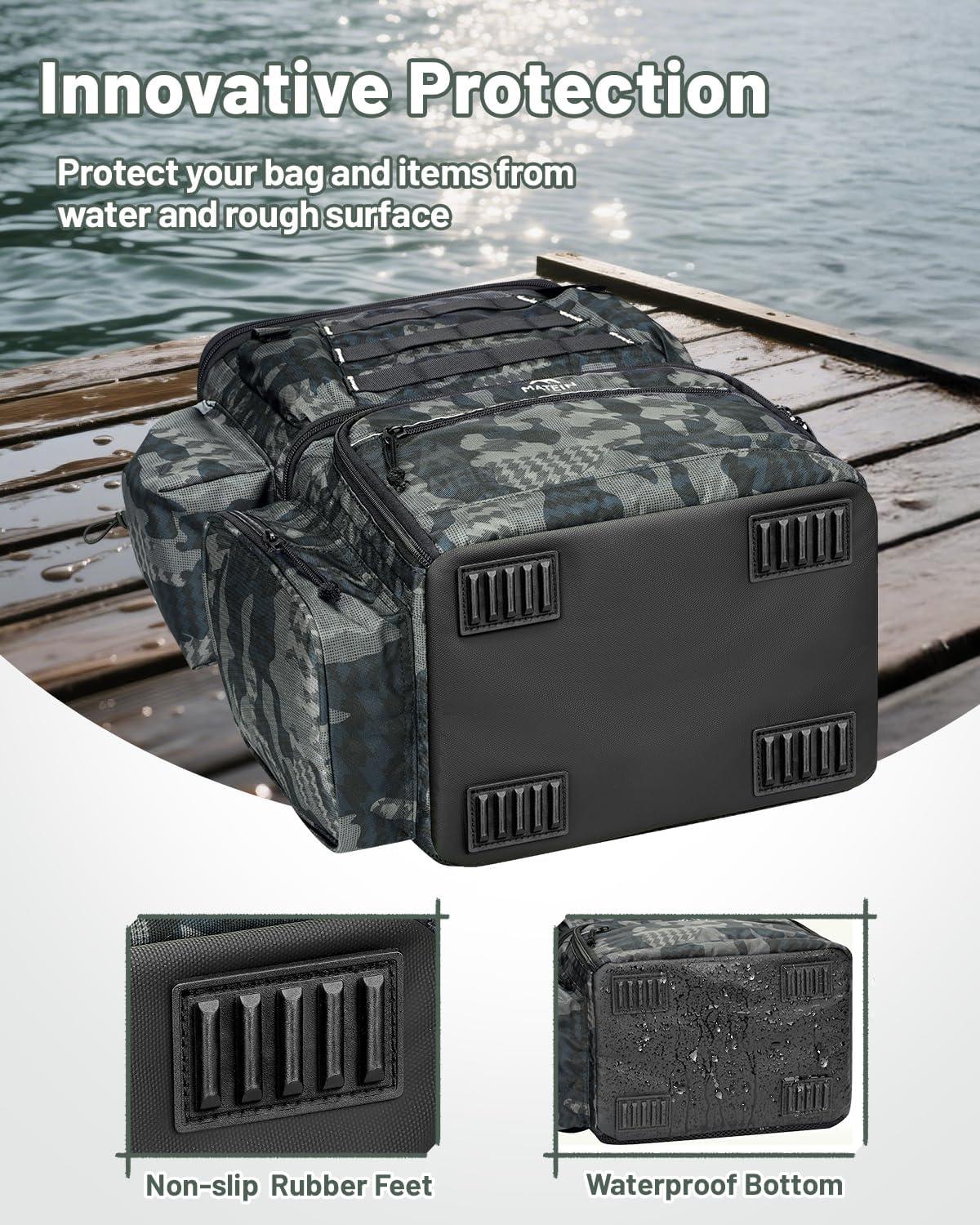 imageMATEIN Fishing Backpack with 4 Tackle Boxes ampamp Rod Holder Tackle Backpack with Safety Compass ampamp Insulated Compartment Water Resistant Fishing Tray Bag Storage Gear and Equipment Gifts for Fishermen