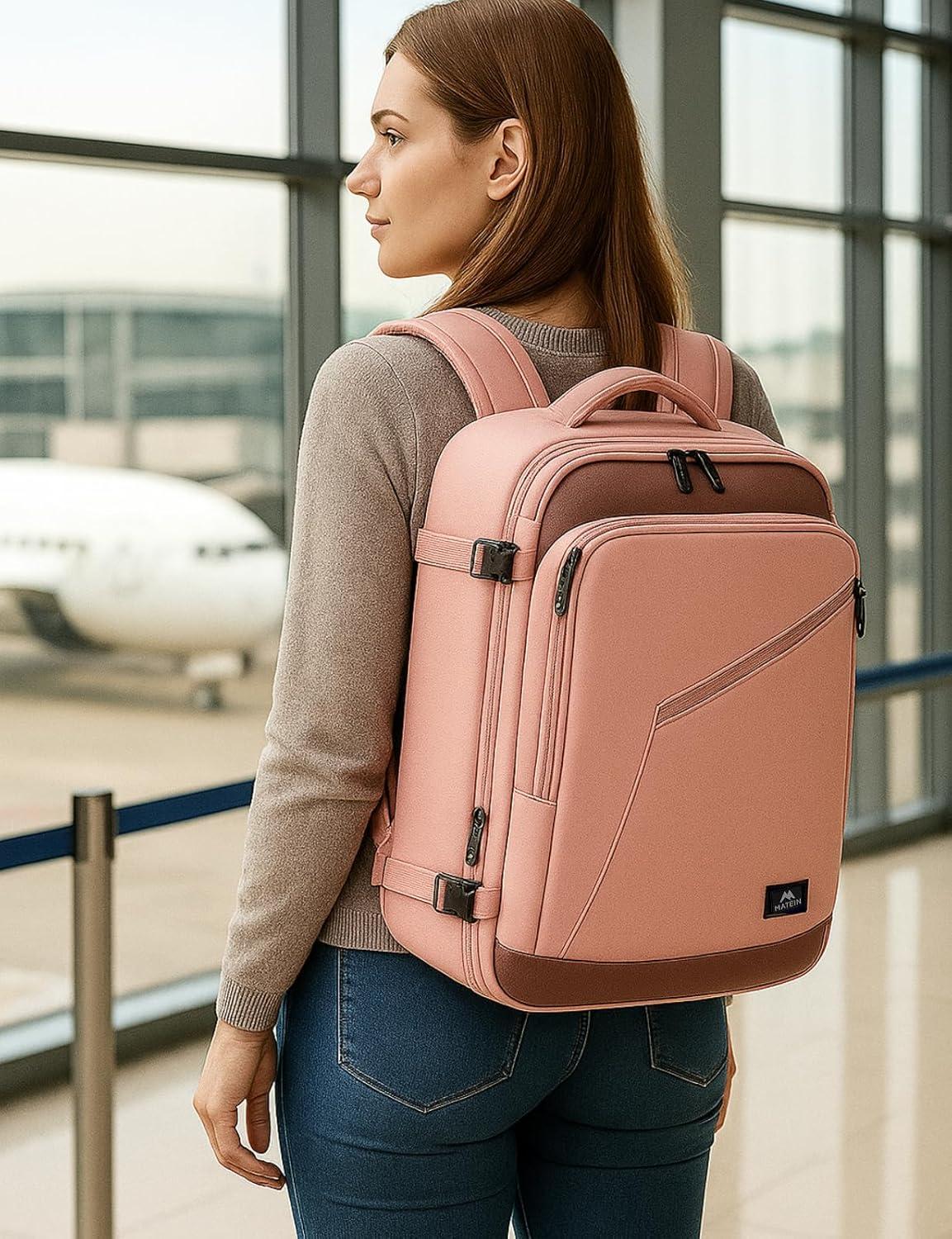 imageMATEIN Purple Travel Backpack Large Capacity Carry on Backpack with Detachable Shoulder Straps Water Resistant Personal Item Bag for Traveler Traveling Essential for WomenPink Grey