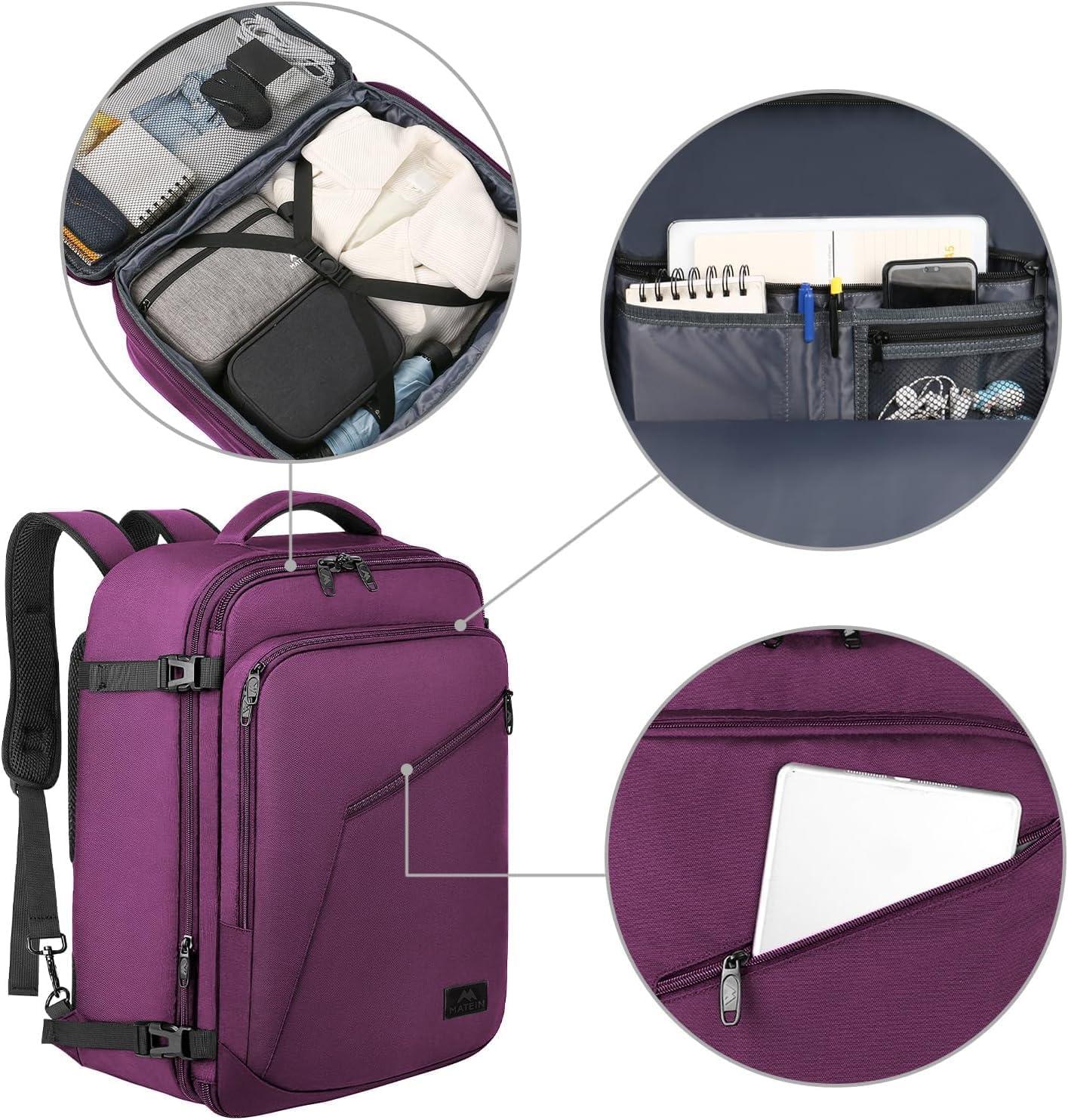 imageMATEIN Purple Travel Backpack Large Capacity Carry on Backpack with Detachable Shoulder Straps Water Resistant Personal Item Bag for Traveler Traveling Essential for WomenPurple