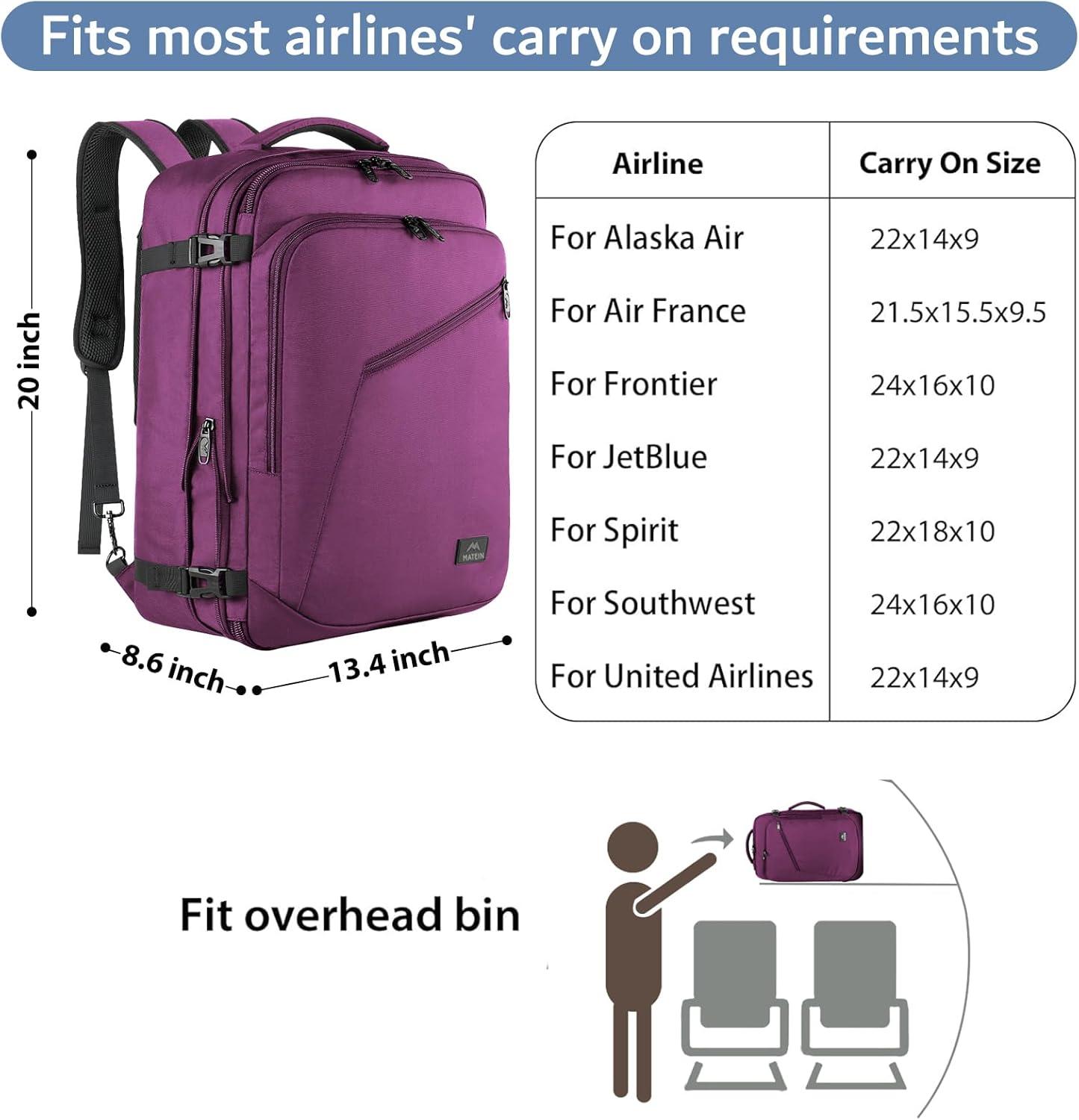 imageMATEIN Purple Travel Backpack Large Capacity Carry on Backpack with Detachable Shoulder Straps Water Resistant Personal Item Bag for Traveler Traveling Essential for WomenPurple