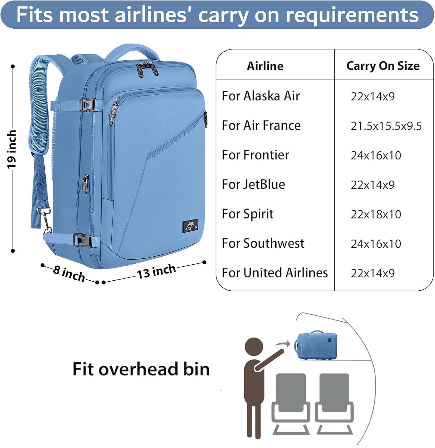 imageMATEIN Purple Travel Backpack Large Capacity Carry on Backpack with Detachable Shoulder Straps Water Resistant Personal Item Bag for Traveler Traveling Essential for WomenLight Blue