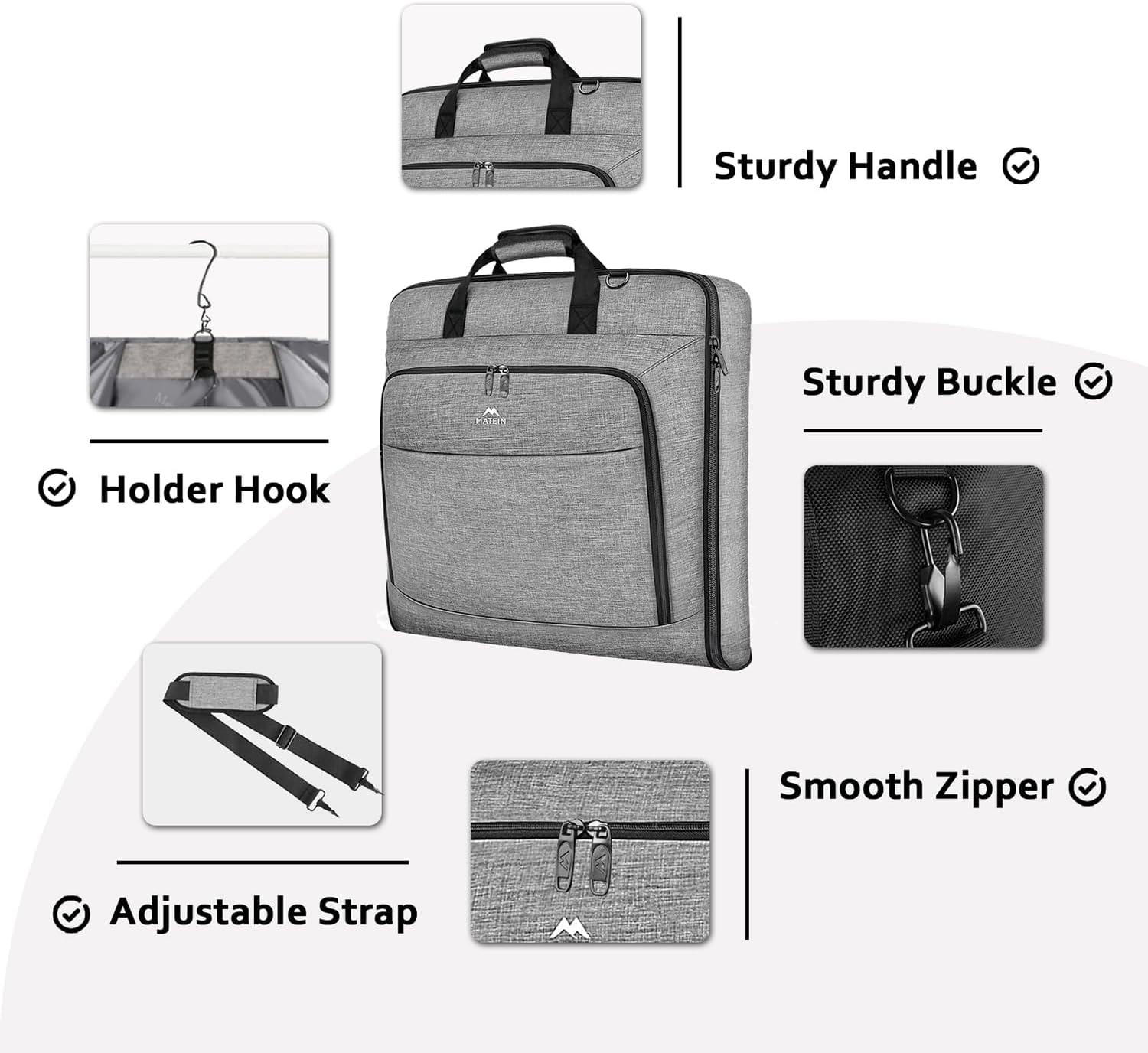 imageMATEIN Travel Garment Bag for Hanging Clothes Large Suit Travel Bag with Pockets ampamp Shoulder Strap for Business Trip Professional Wrinkle Resistant Foldable Suit Storage Carrier Luggage KhakiGrey
