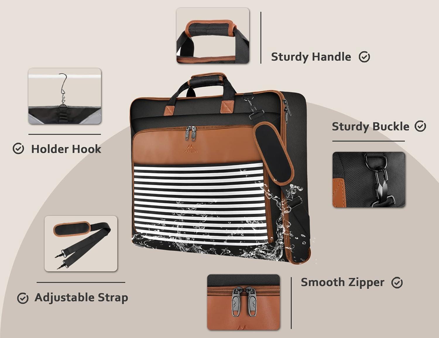 imageMATEIN Travel Garment Bag for Hanging Clothes Large Suit Travel Bag with Pockets ampamp Shoulder Strap for Business Trip Professional Wrinkle Resistant Foldable Suit Storage Carrier Luggage KhakiBlack Stripe
